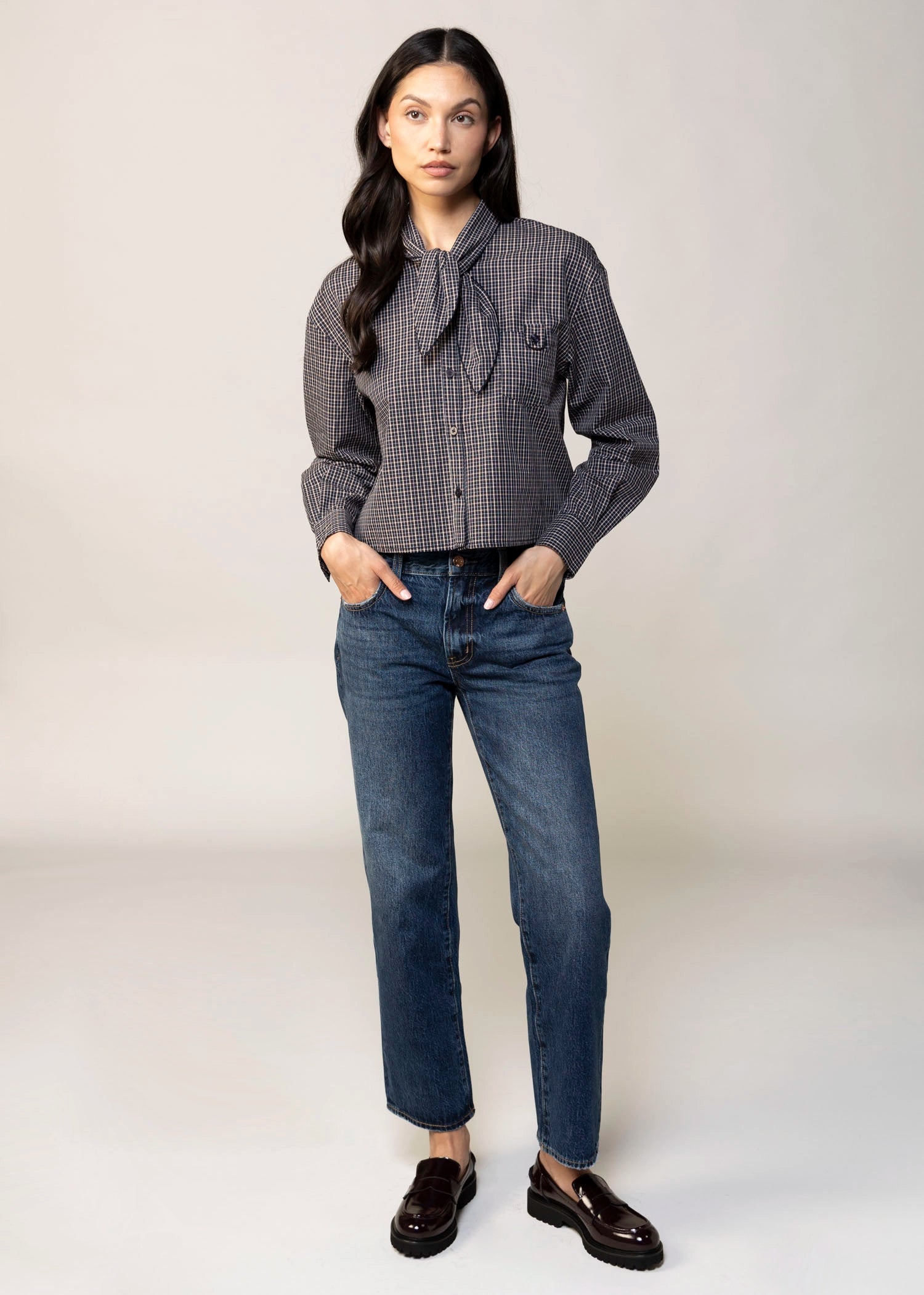 swatch_Navy greylin honey check button down shirt
