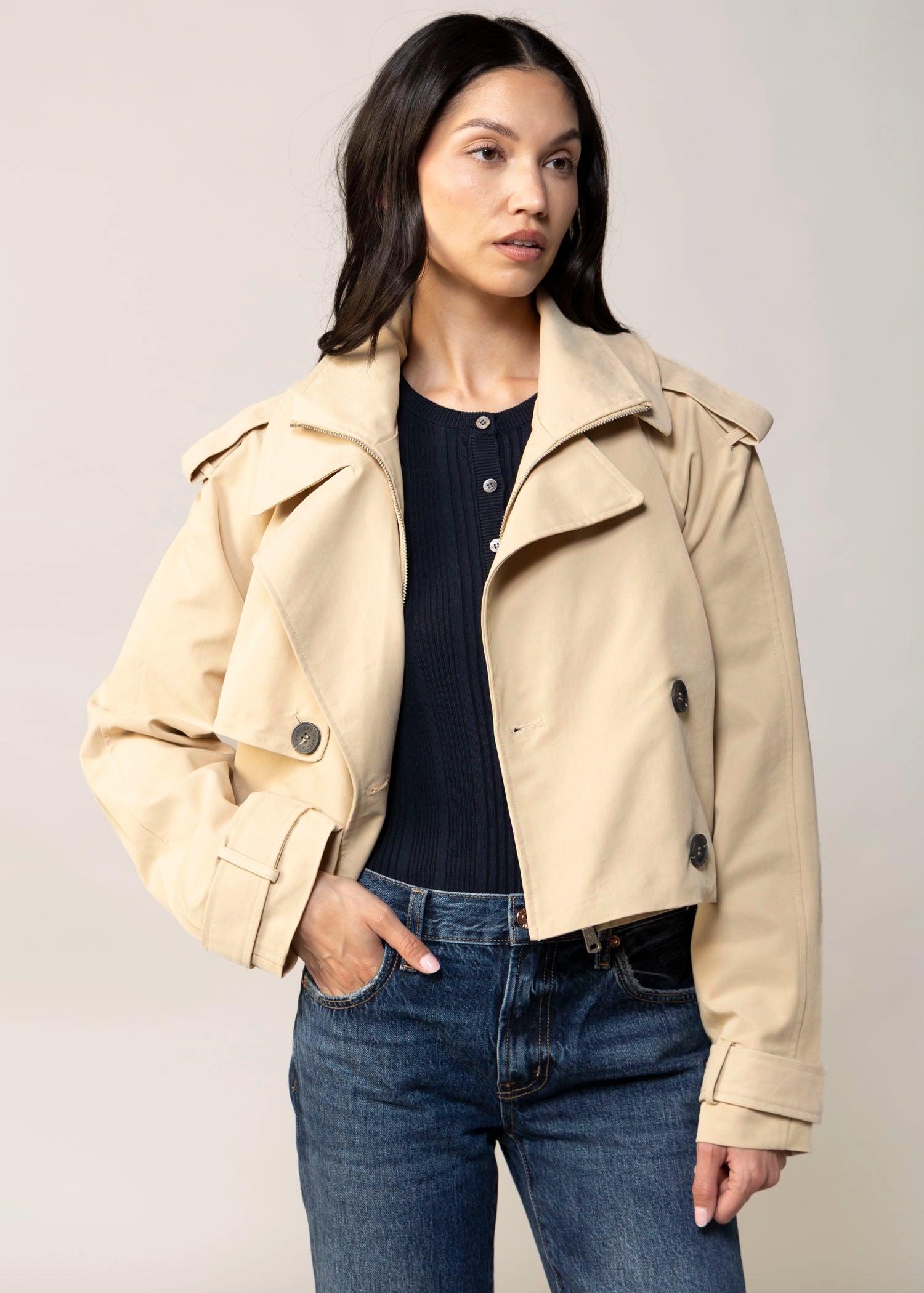 swatch-Khaki avec les filles cropped funnel neck trench jacket