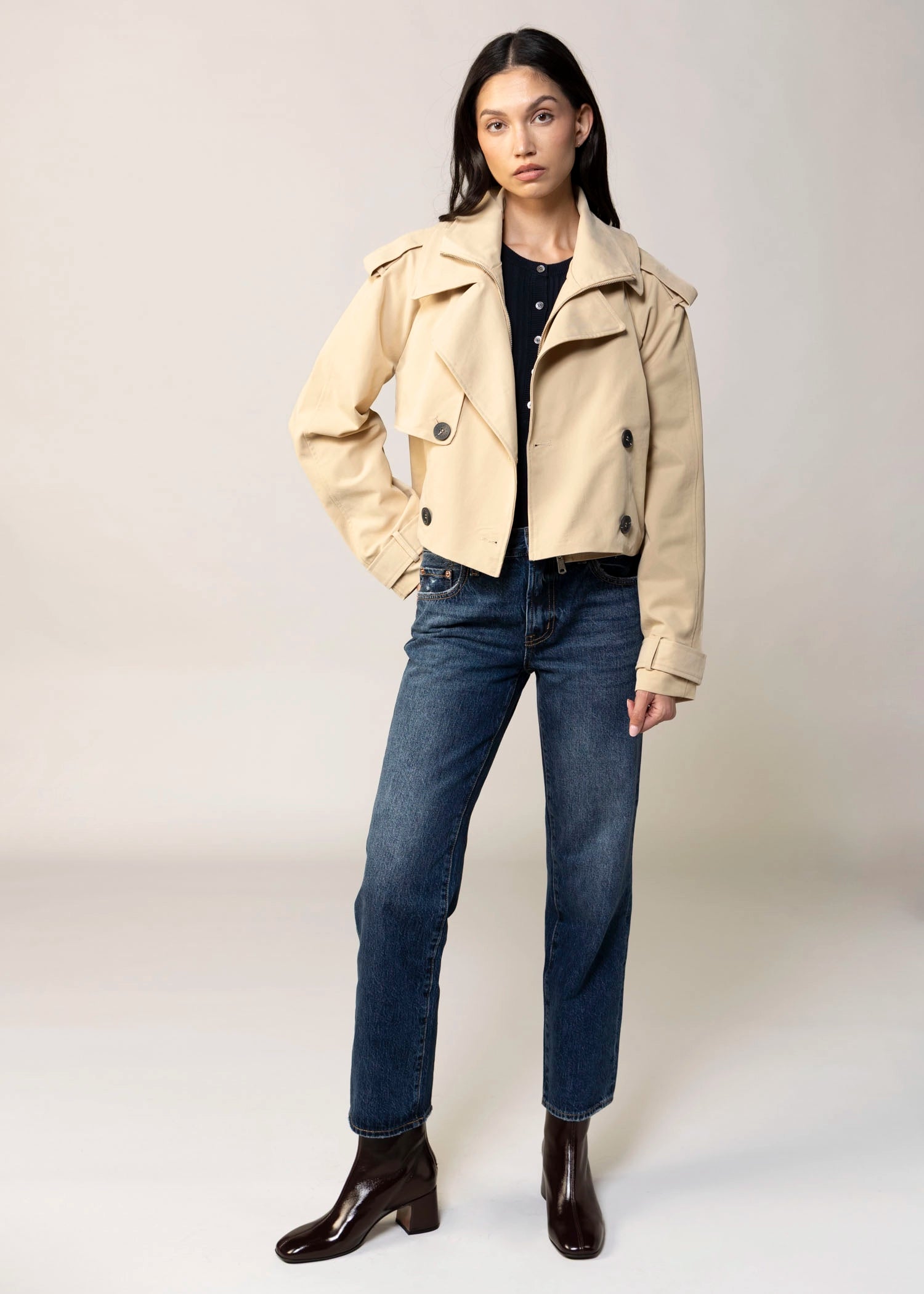 swatch-Khaki avec les filles cropped funnel neck trench jacket