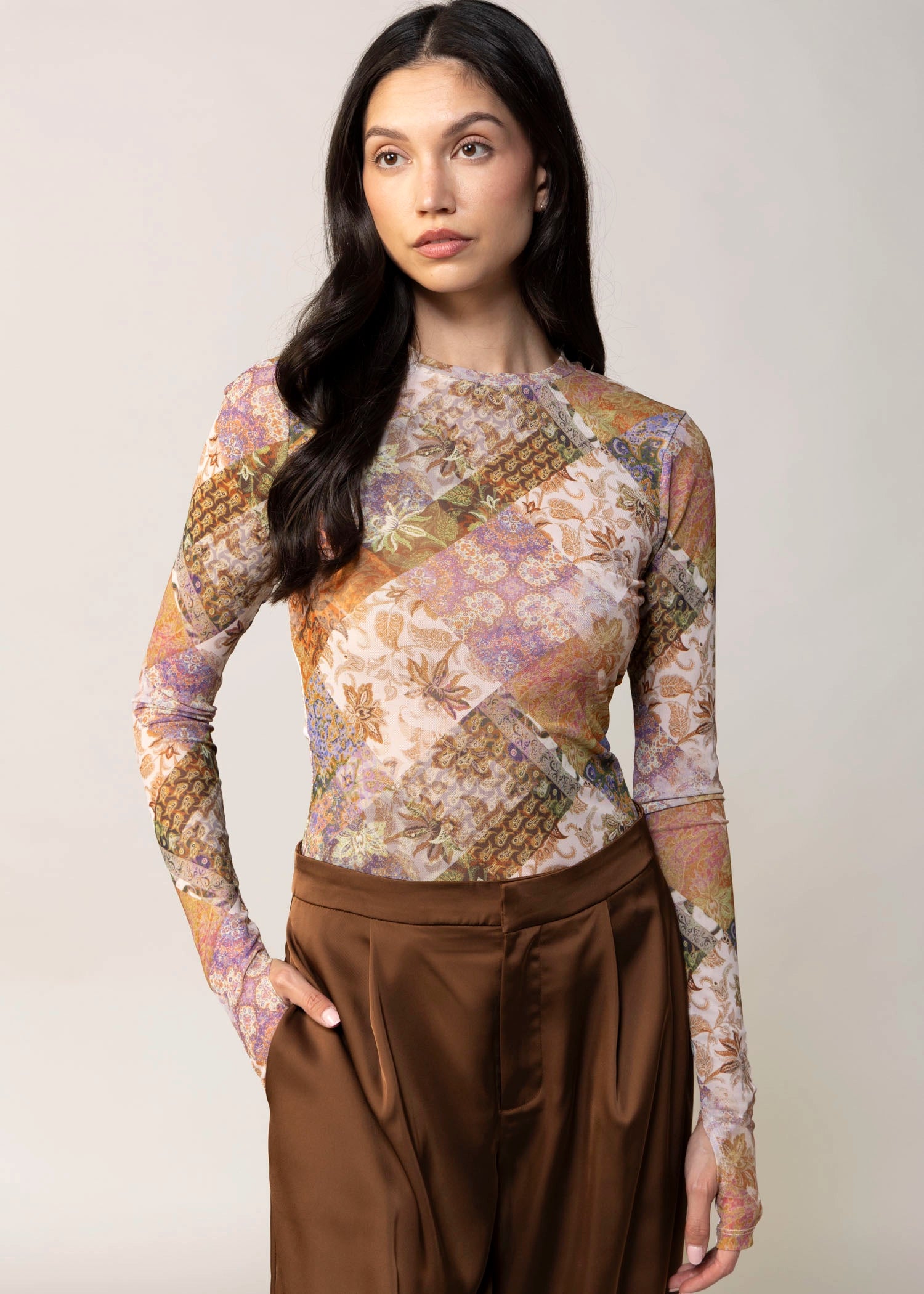 swatch_Multi avec les filles printed mesh long sleeve top