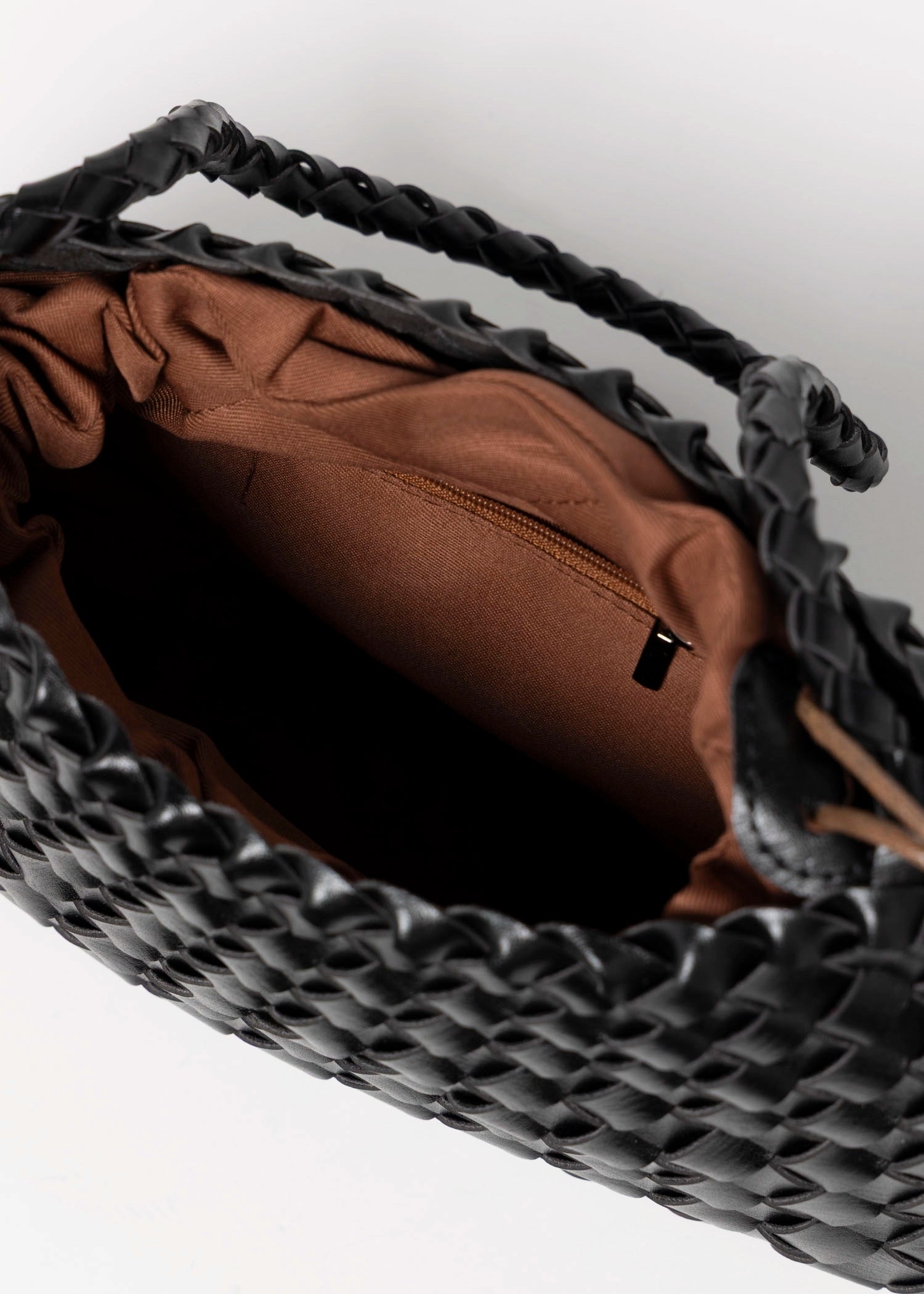 swatch_Black vegan leather woven shoulder bag