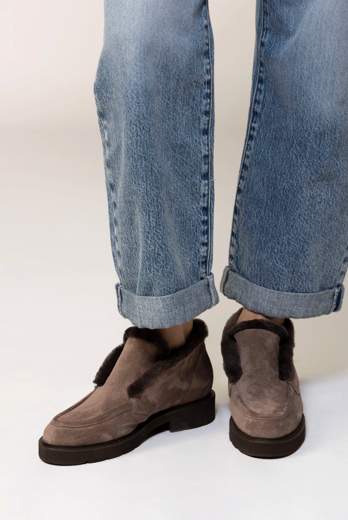 swatch_Taupe Suede l'idea shearling trim ankle bootie