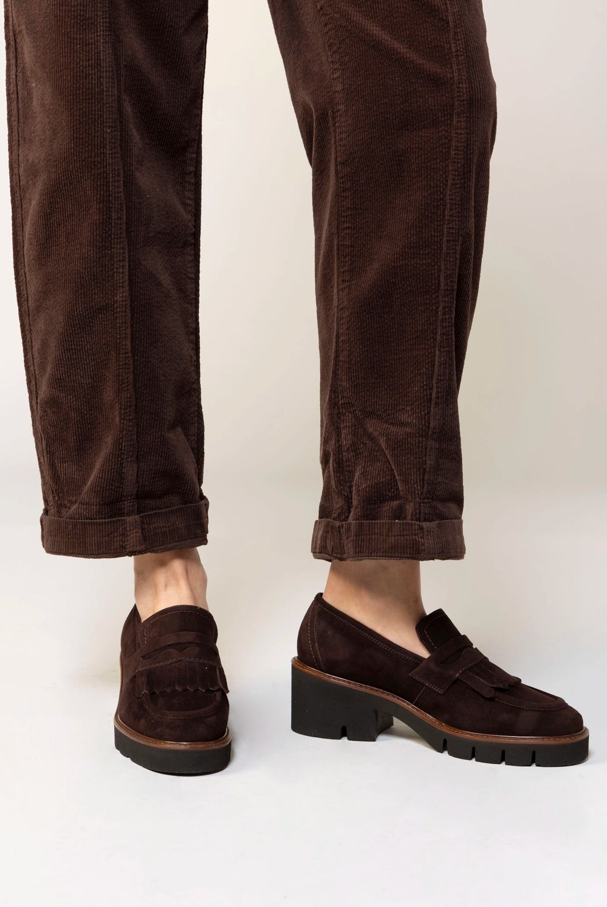 swatch_Chocolate Suede l'idea heeled loafer with kilt