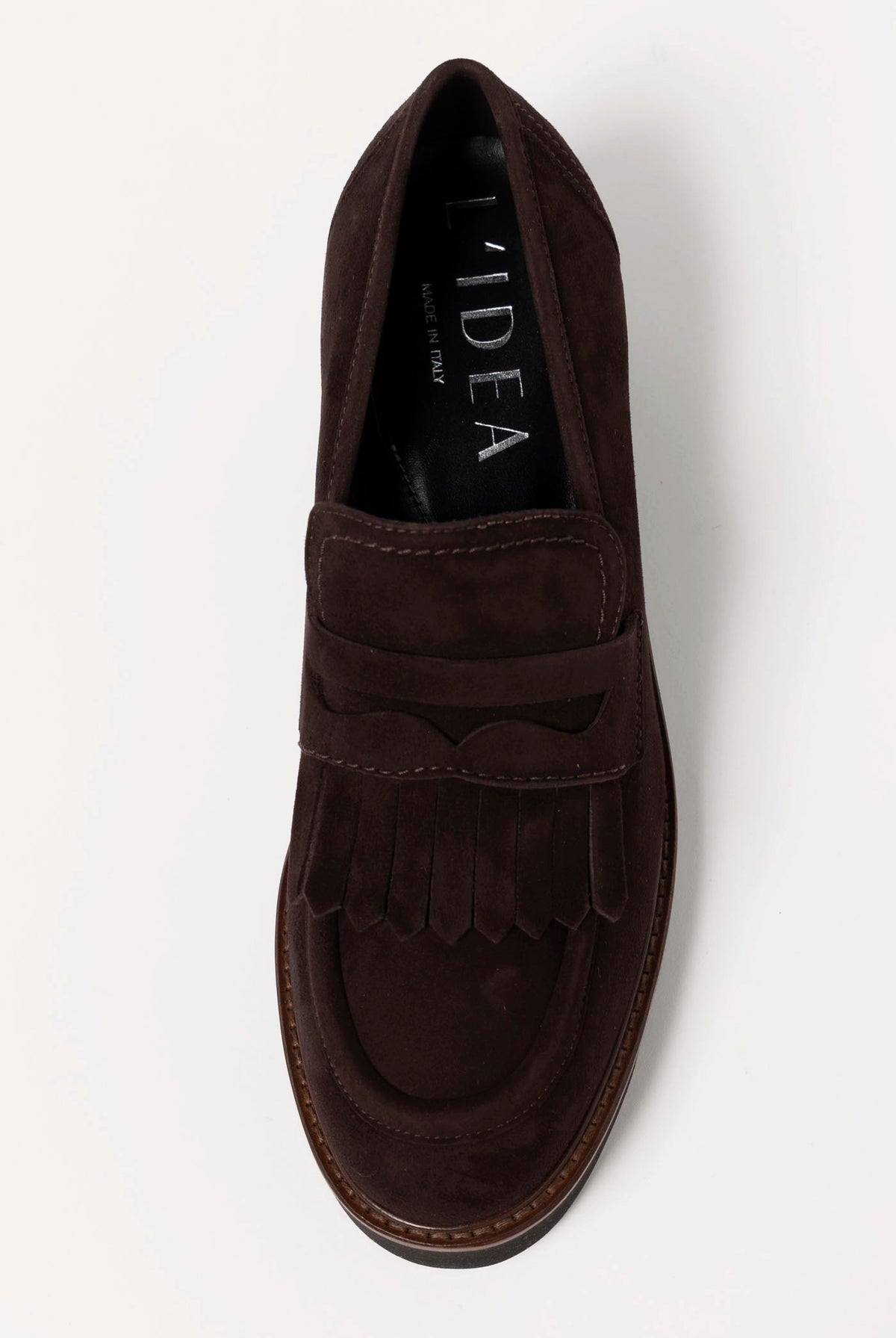 swatch_Chocolate Suede l'idea heeled loafer with kilt