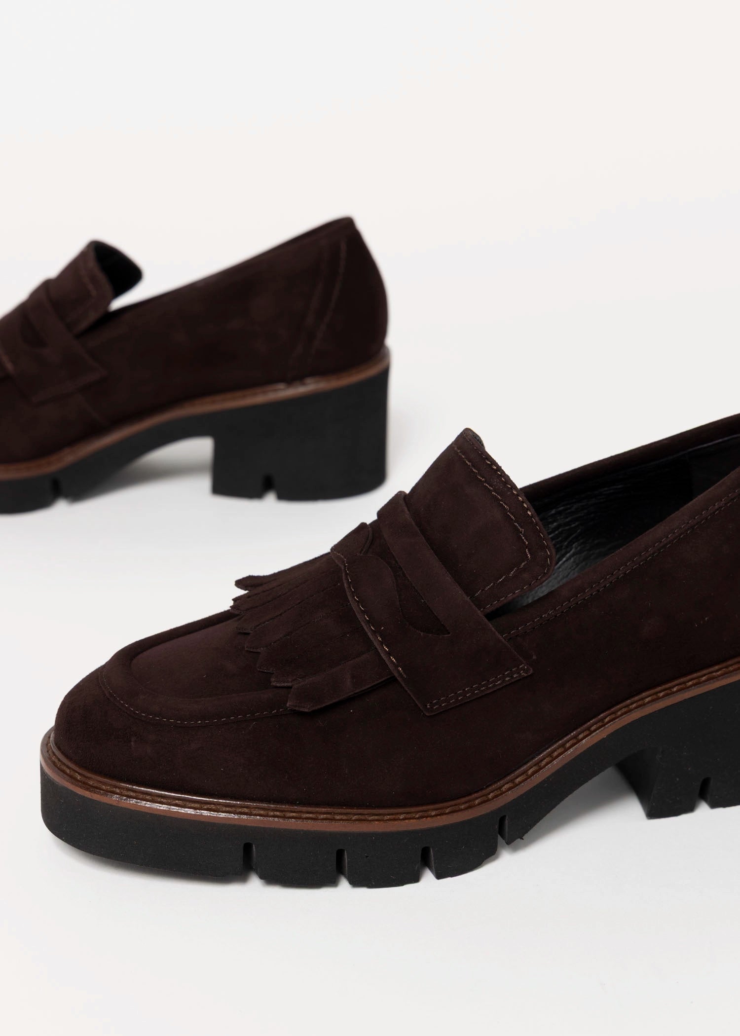 swatch_Chocolate Suede l'idea heeled loafer with kilt