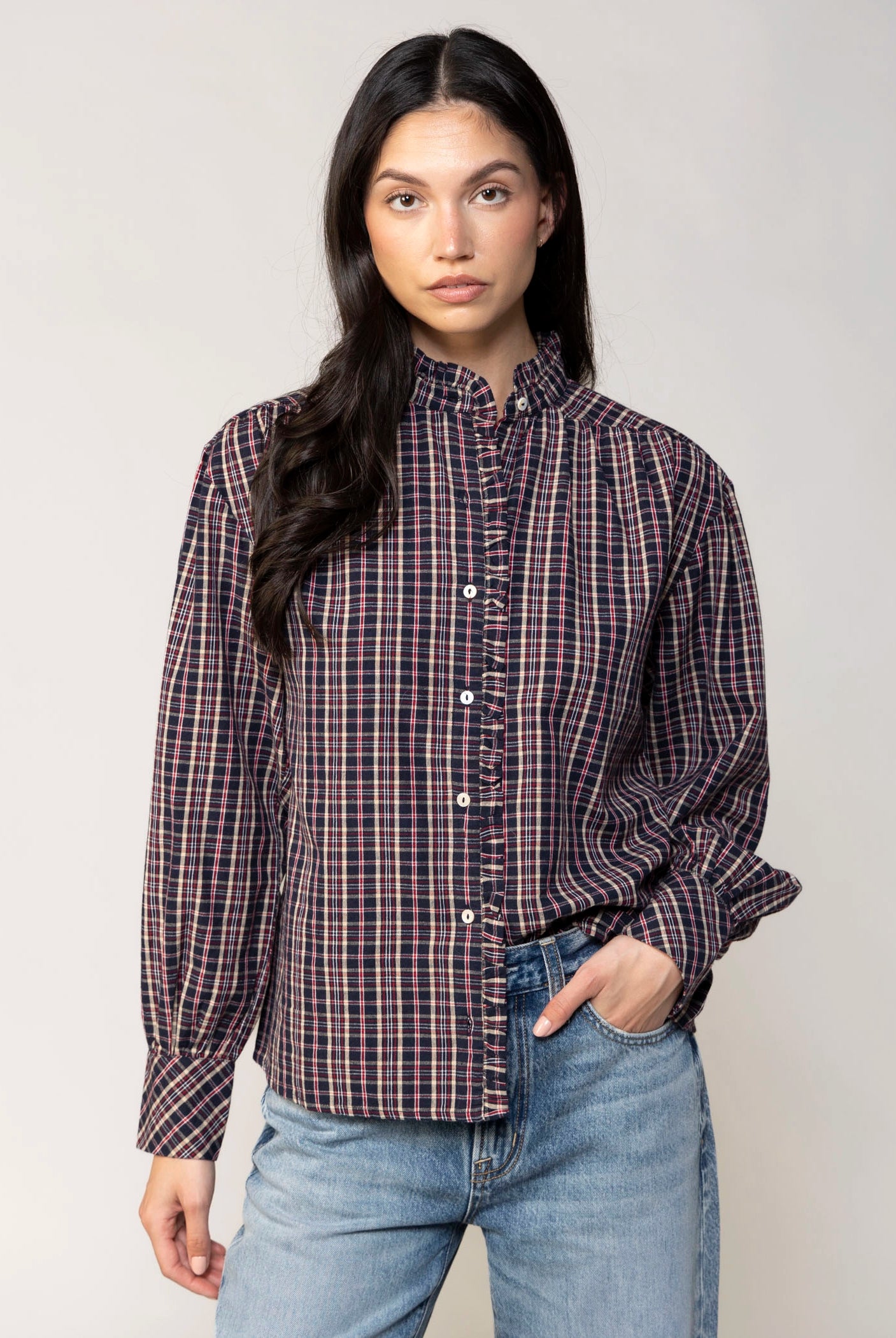 swatch_Navy alexa plaid button down blouse