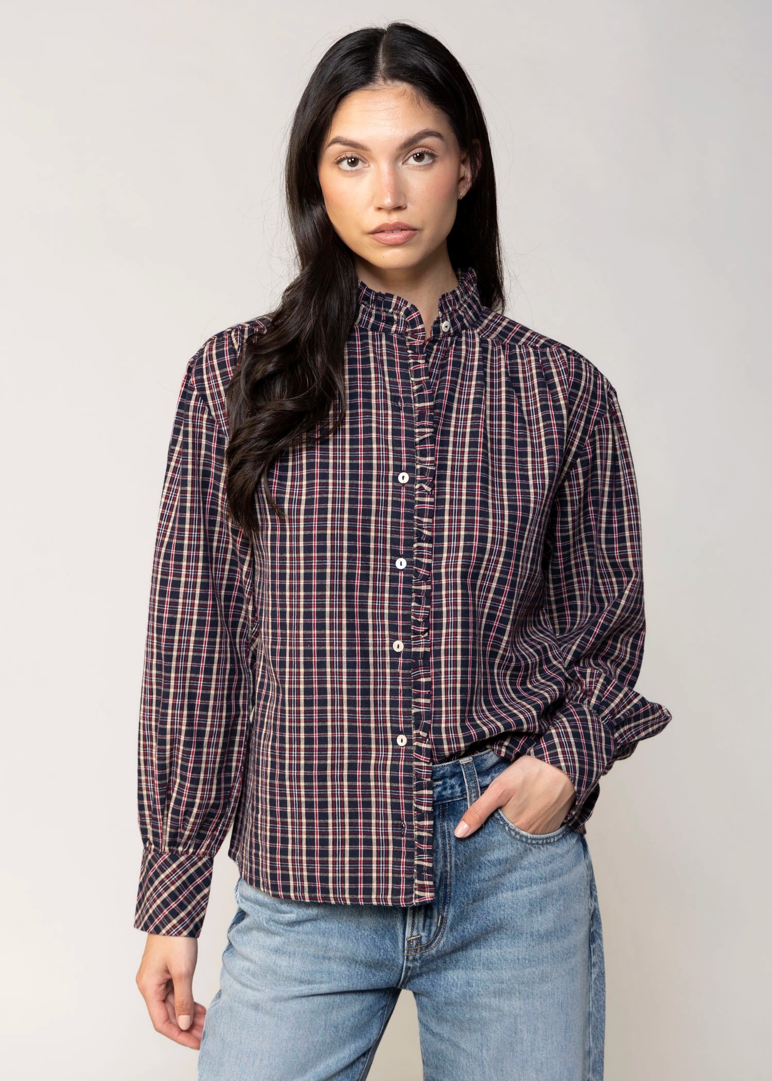swatch_Navy alexa plaid button down blouse