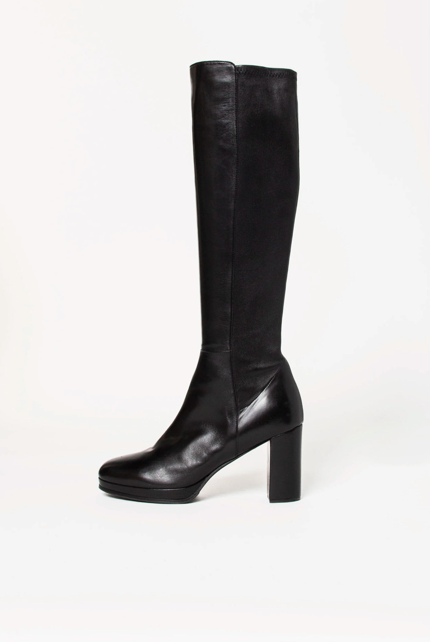 swatch_Black Leather knee high heeled boot boots