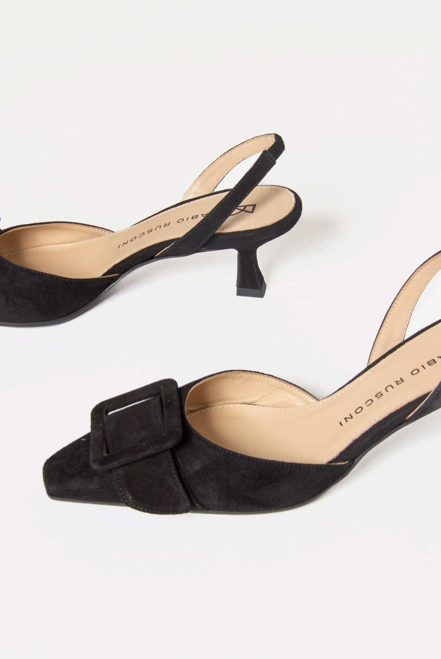 swatch_Black Suede kitten heel slingback shoes