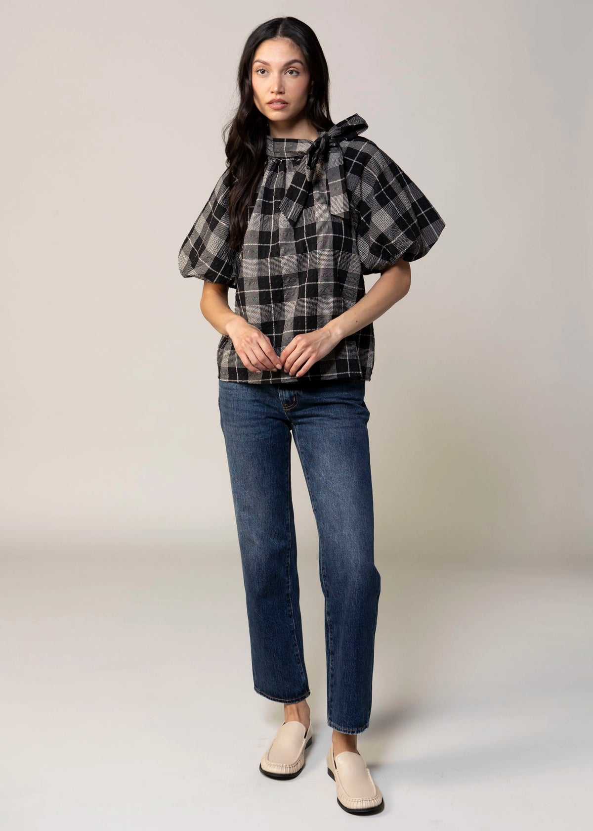 swatch_Black thml puff sleeve plaid top
