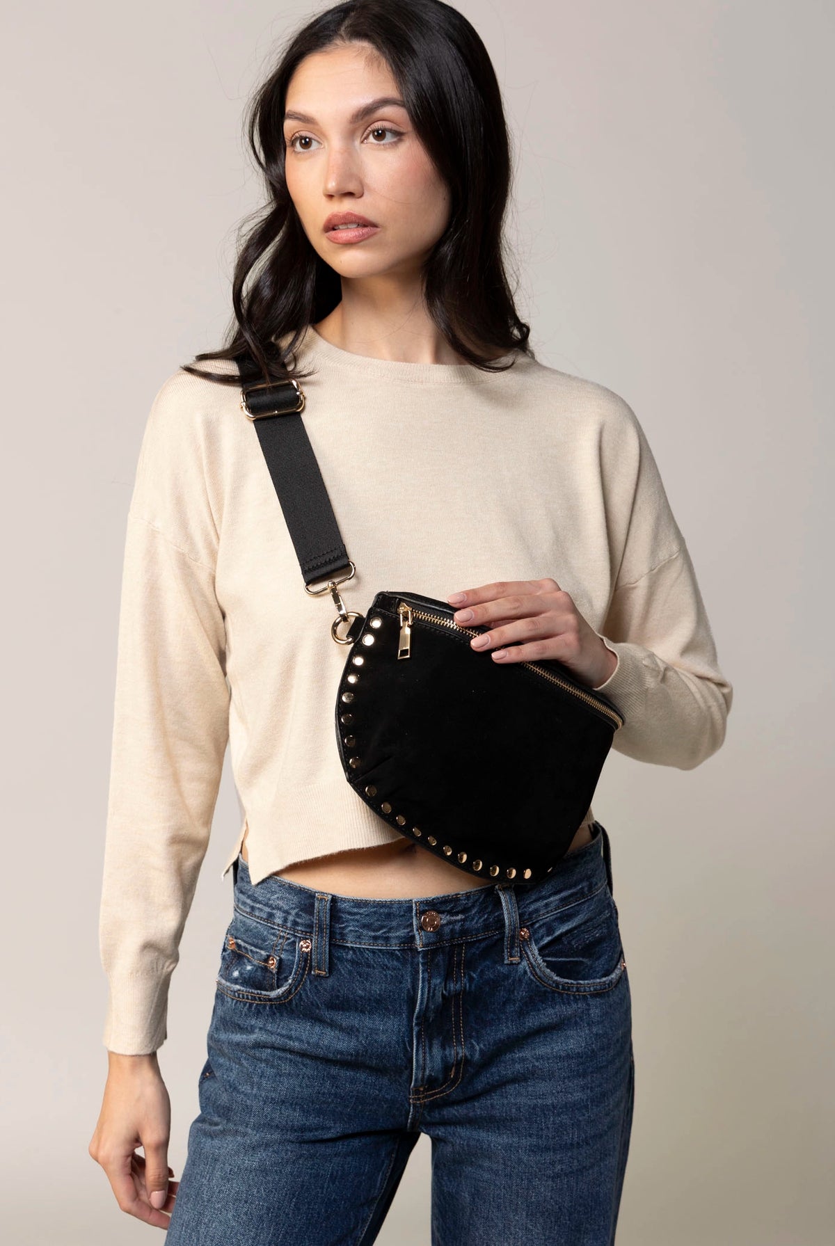 swatch_Black gizelle studded suede crossbody bag