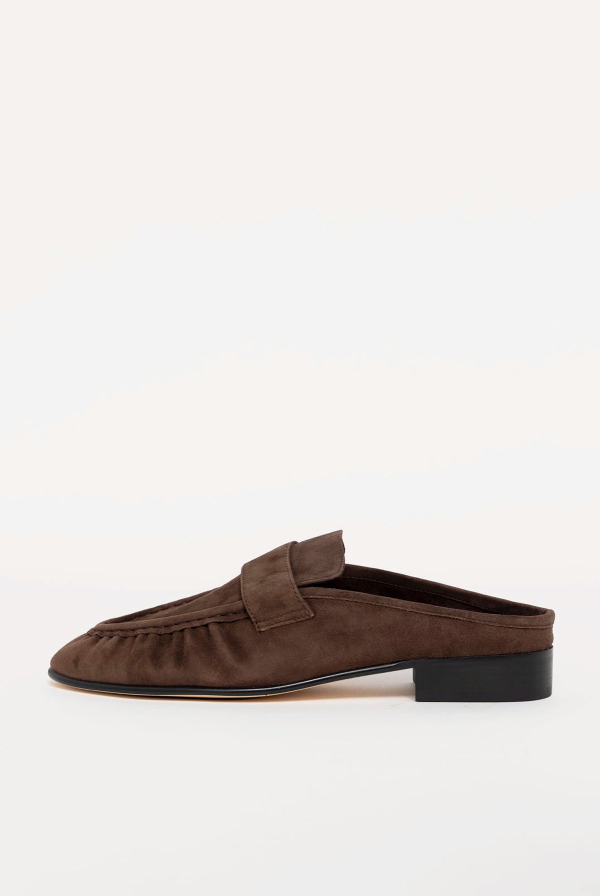 swatch_Espresso Suede tony bianco glacier ruched mule loafer