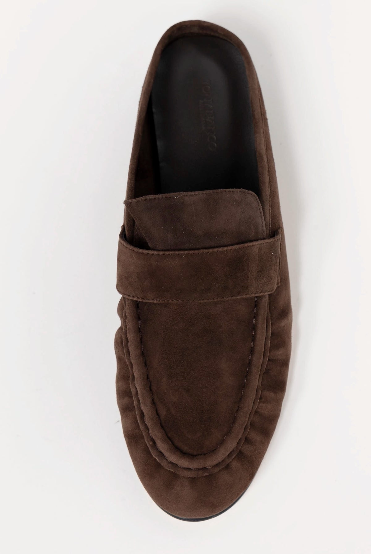 swatch_Espresso Suede tony bianco glacier ruched mule loafer