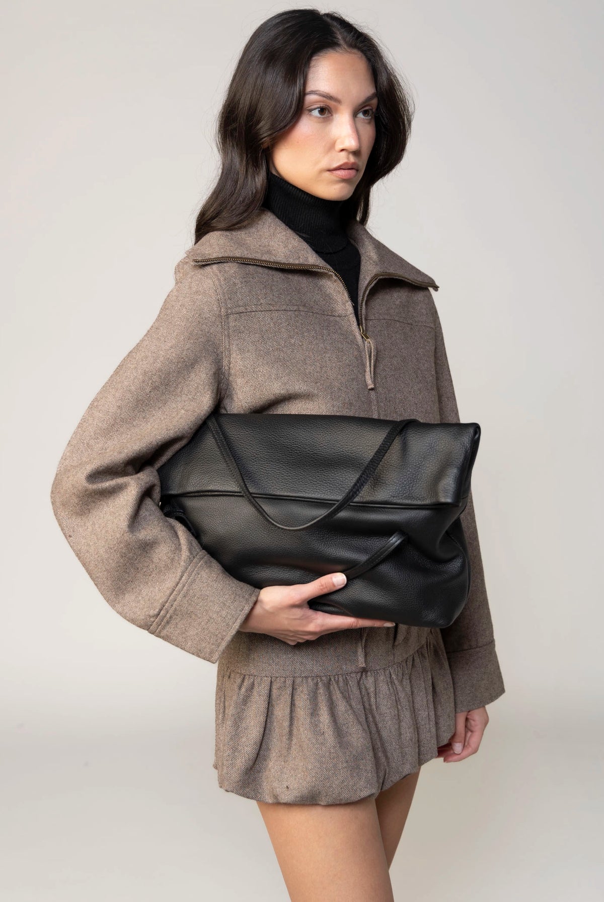 swatch_Black sook sustainable class leather foldover tote