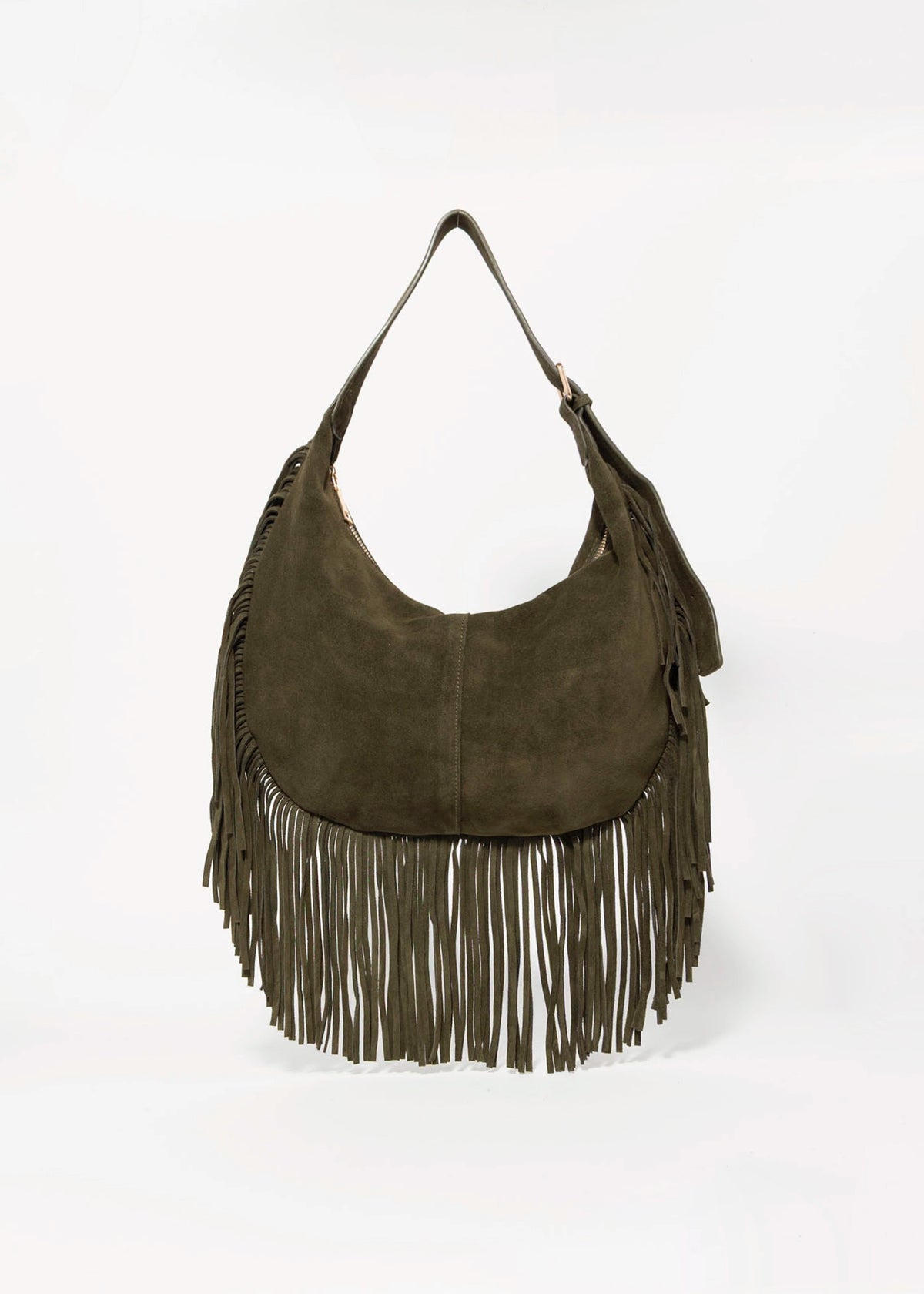 swatch_Olive reba suede fringe hobo bag
