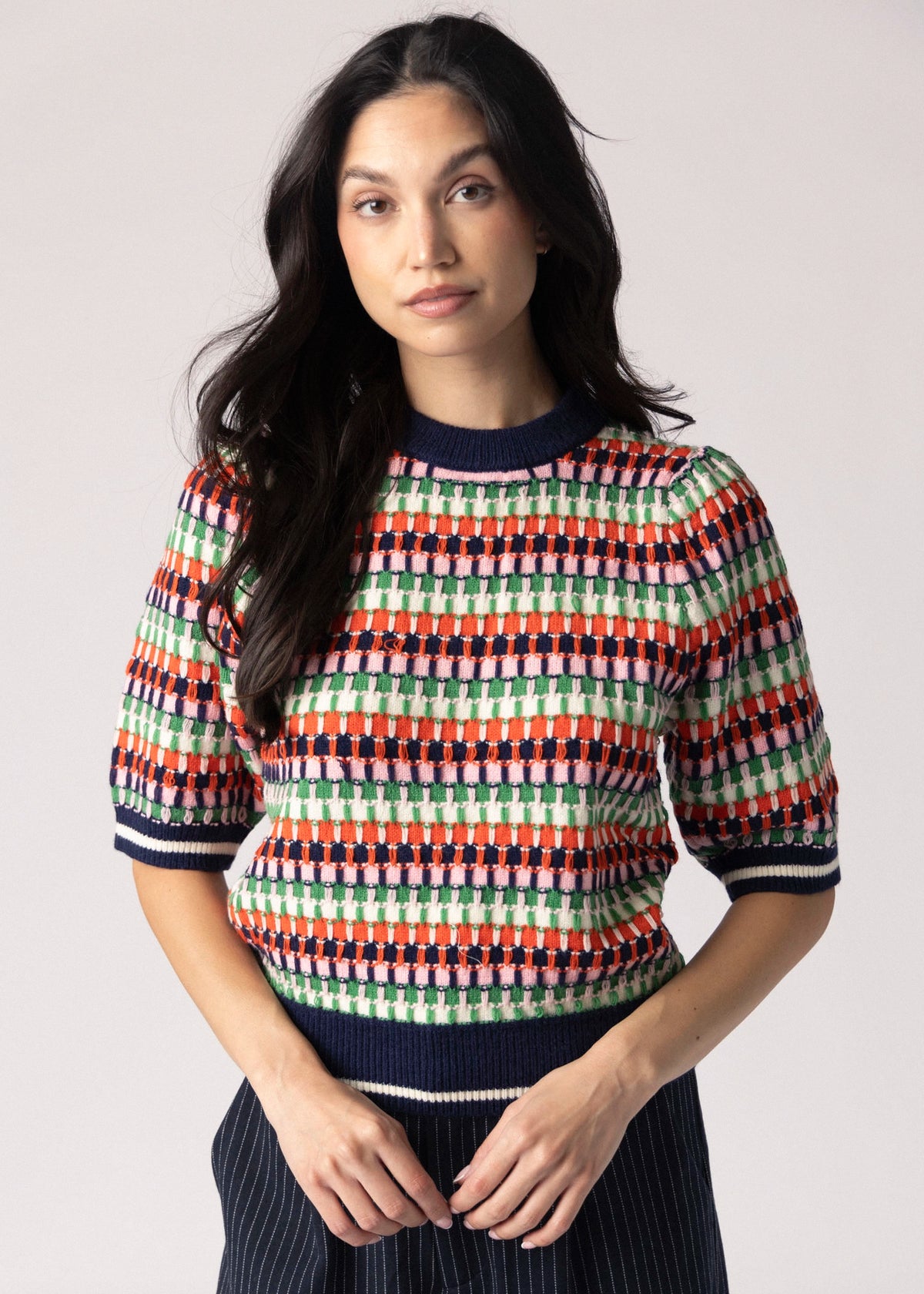 swatch_Navy Multi thml striped short sleeve sweater