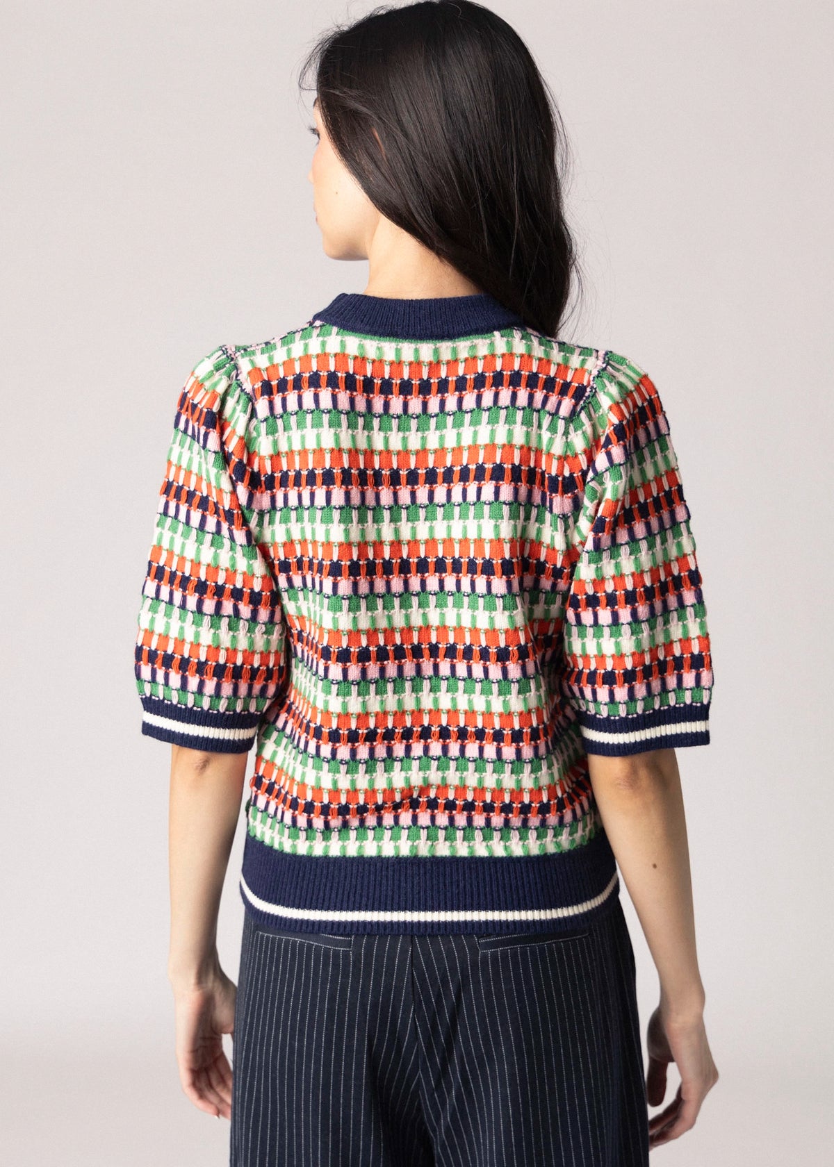 swatch_Navy Multi thml striped short sleeve sweater