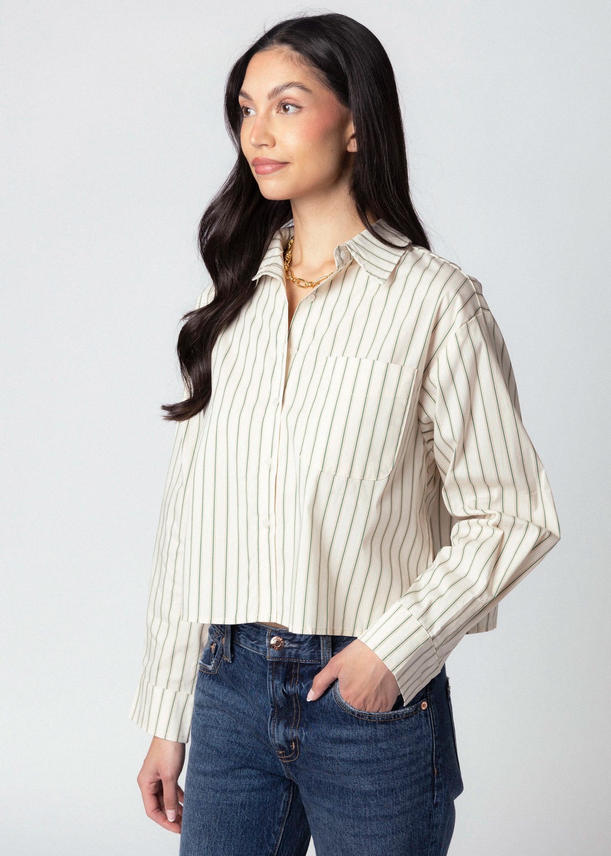 swatch_Teal Stripe little lies romee cropped striped button down