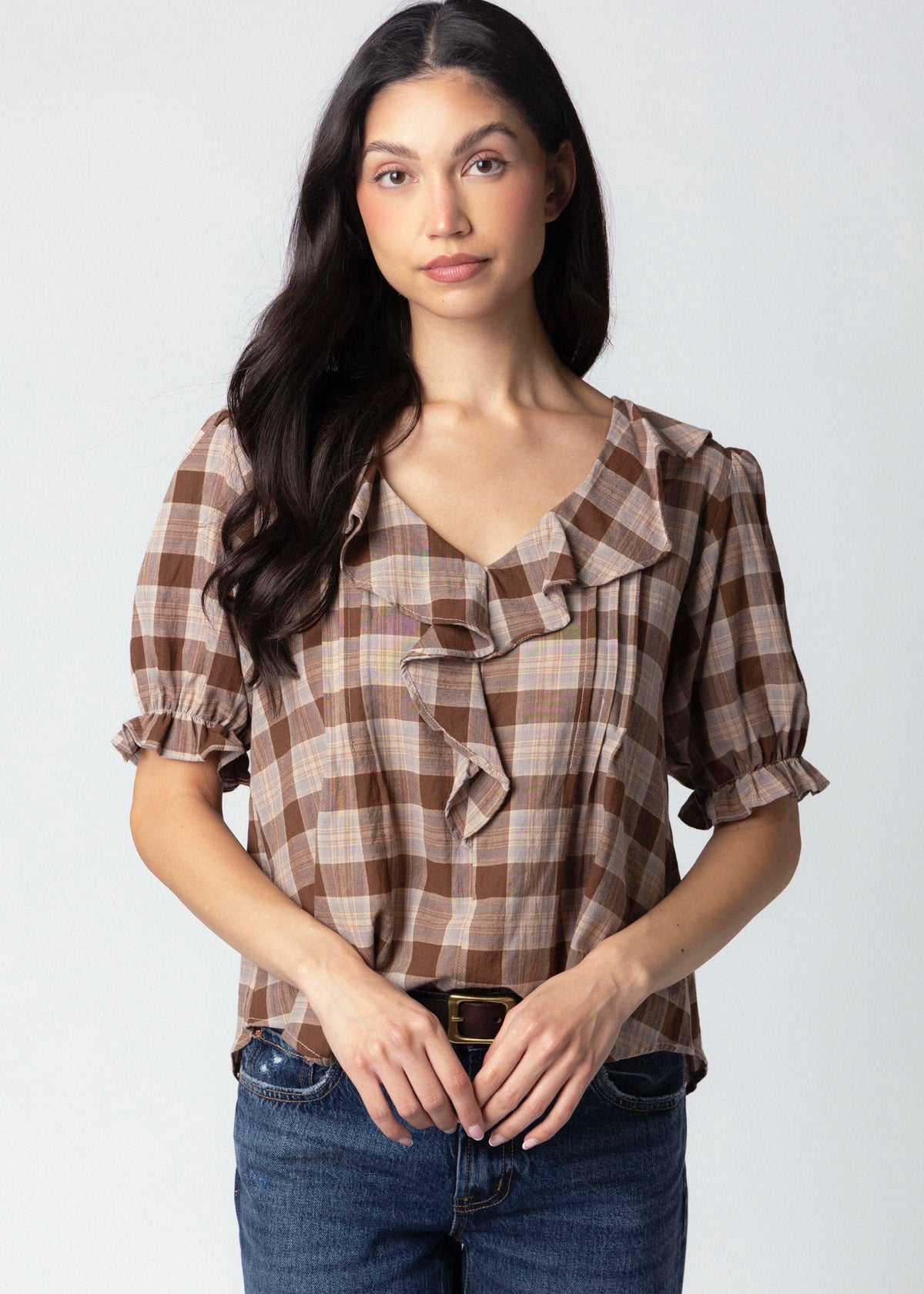 swatch_Brown plaid vneck ruffle blouse