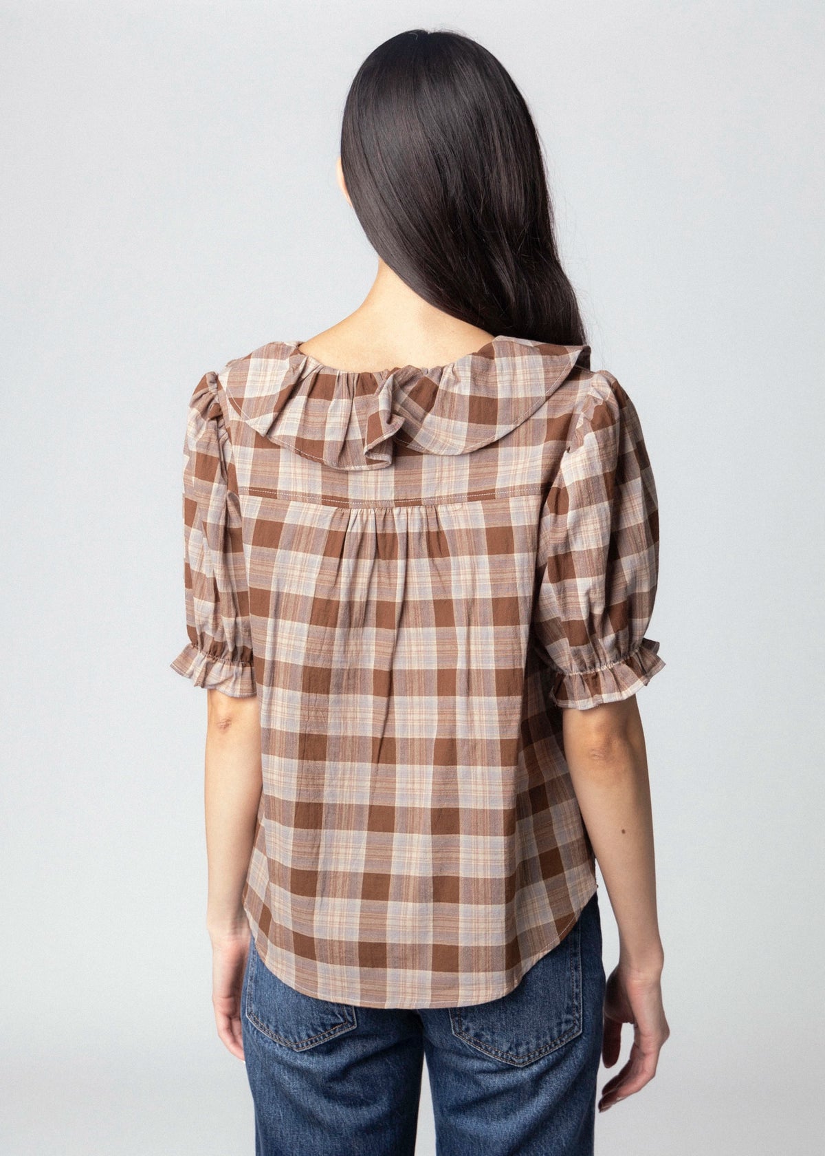 swatch_Brown plaid vneck ruffle blouse