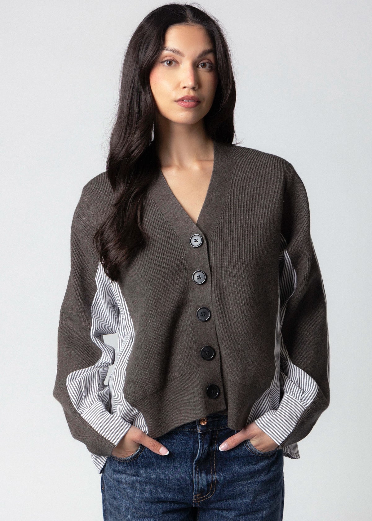 swatch_Charcoal fifteen twenty celine mixed media cardigan