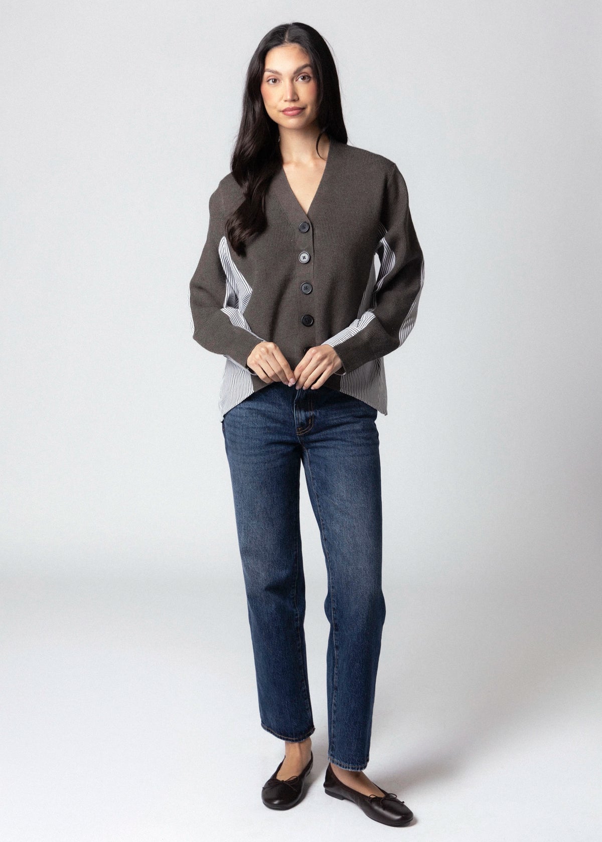 swatch_Charcoal fifteen twenty celine mixed media cardigan