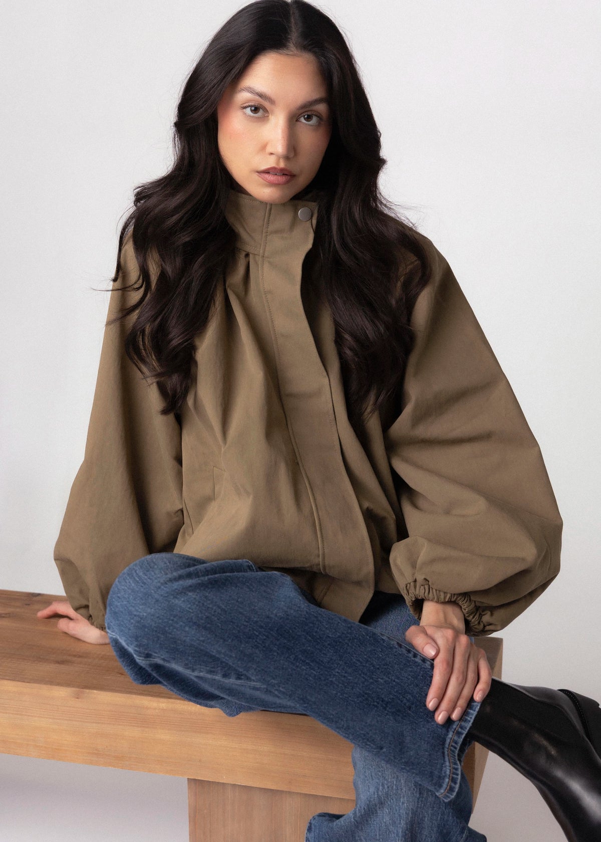 swatch_Light Olive high neck gathered jacket