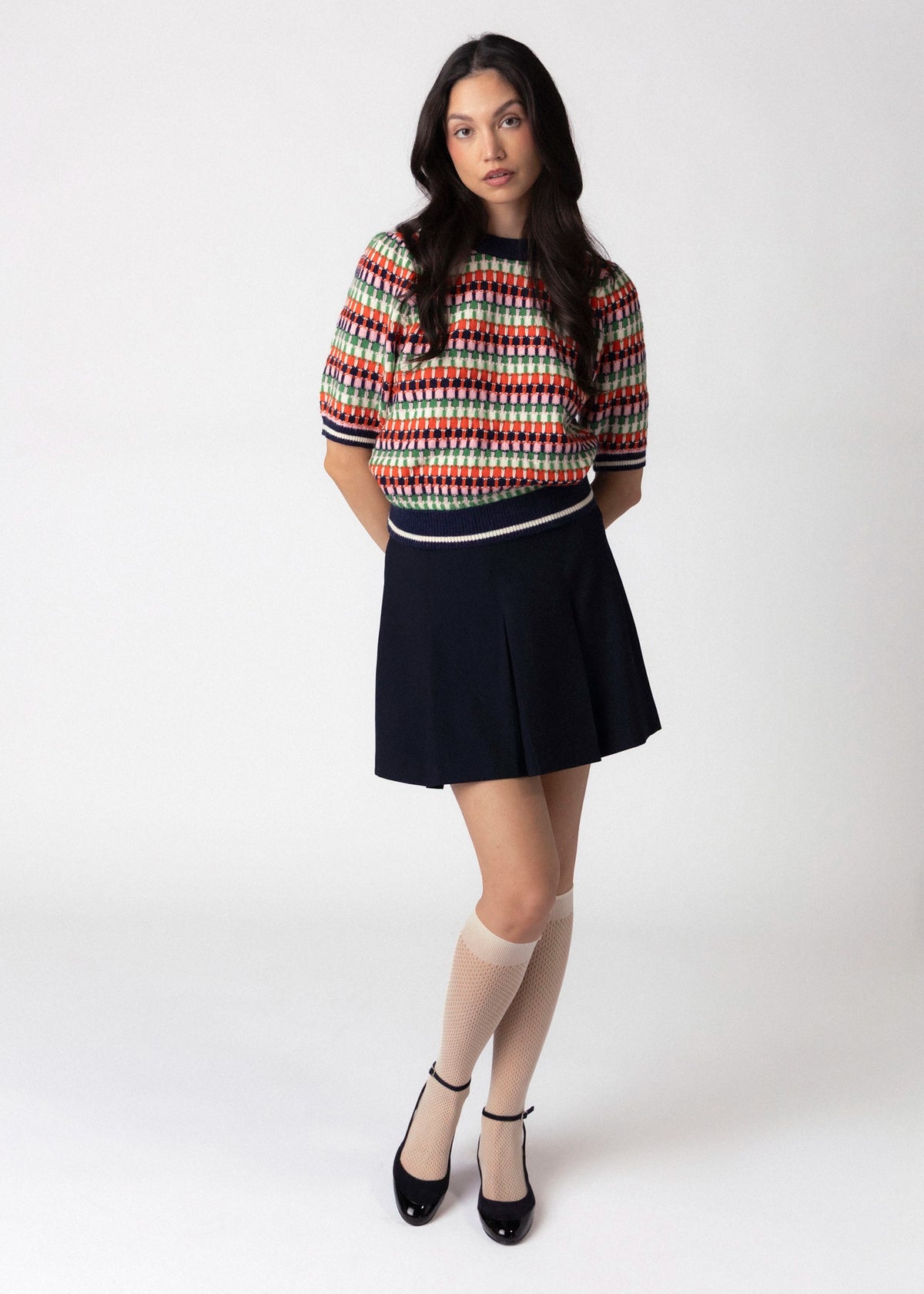 swatch_Navy pleated mini skirt