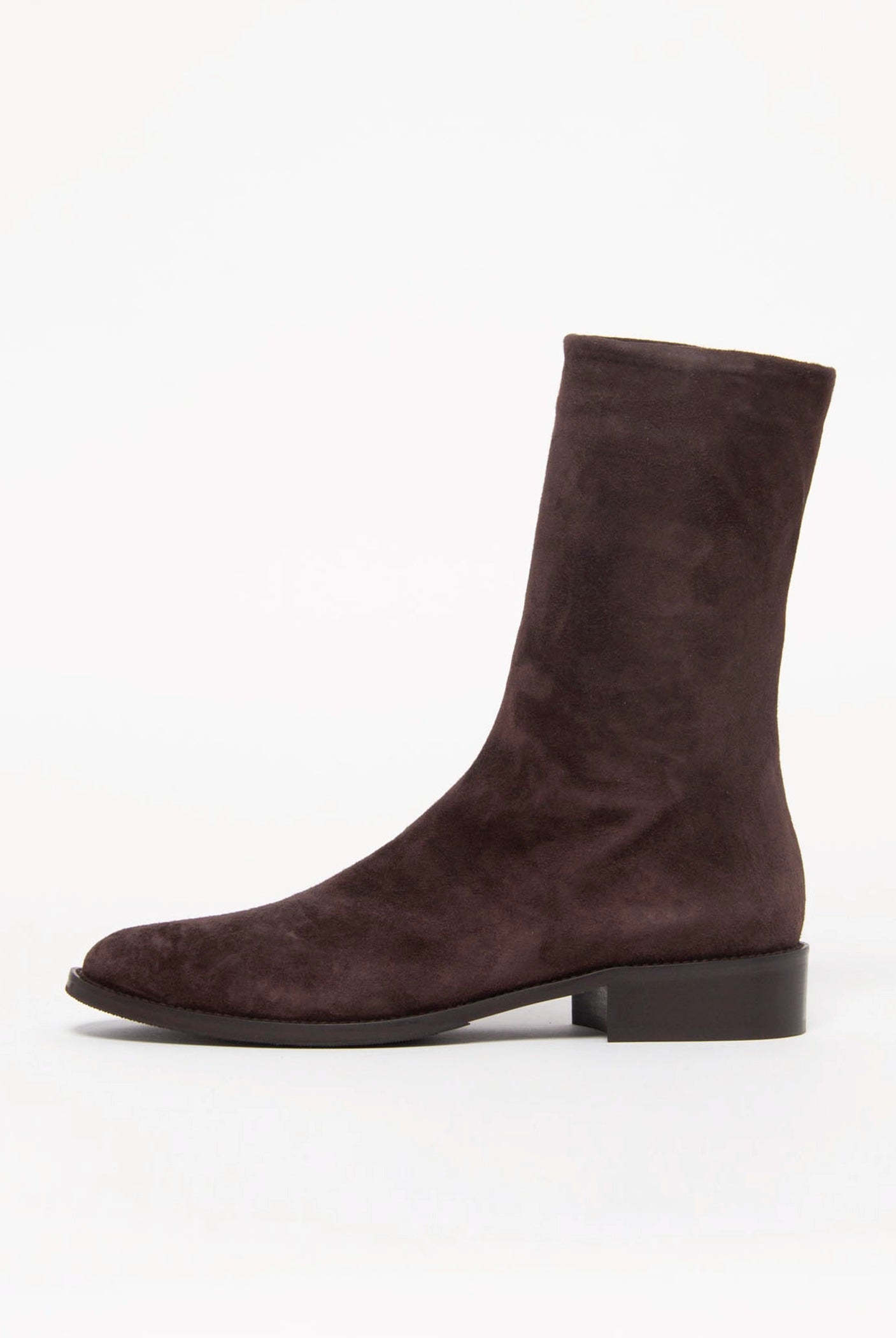 swatch_Chocolate Suede pull on leather bootie shoes