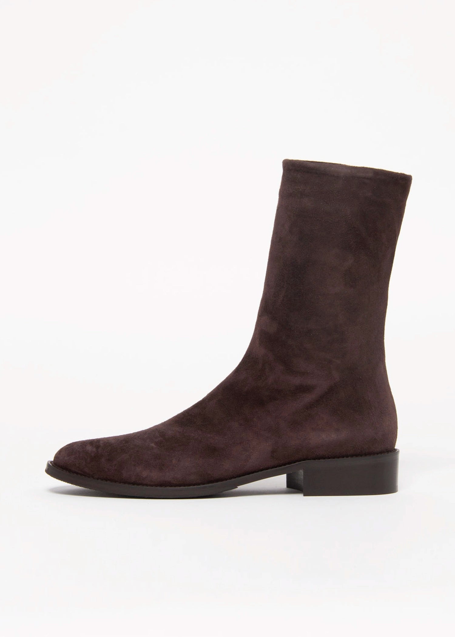 swatch_Chocolate Suede pull on leather bootie shoes