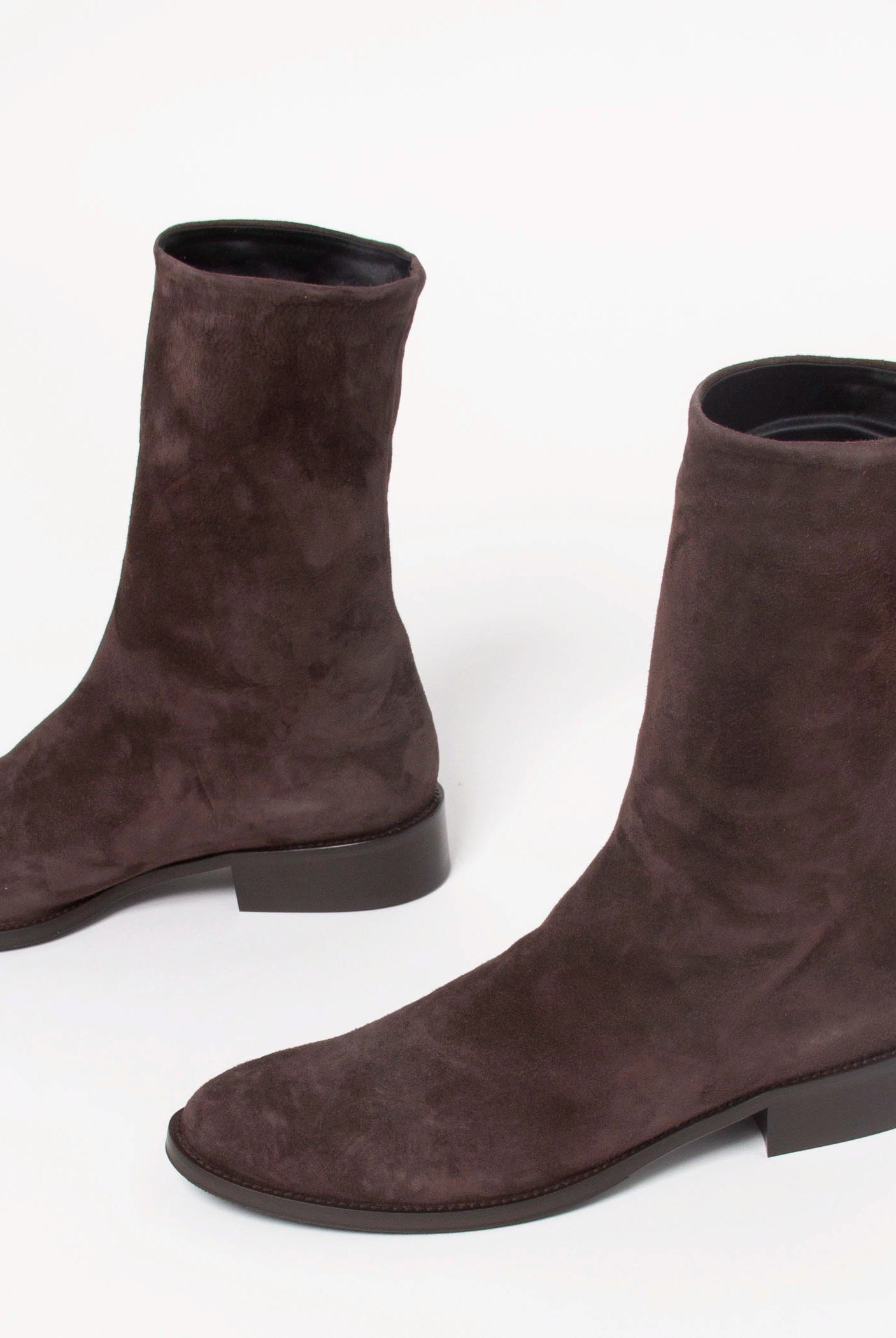 swatch_Chocolate Suede pull on leather bootie shoes