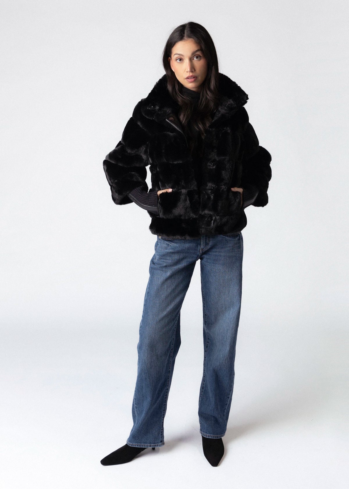 swatch_Black rino and pelle feline quilted faux fur jacket