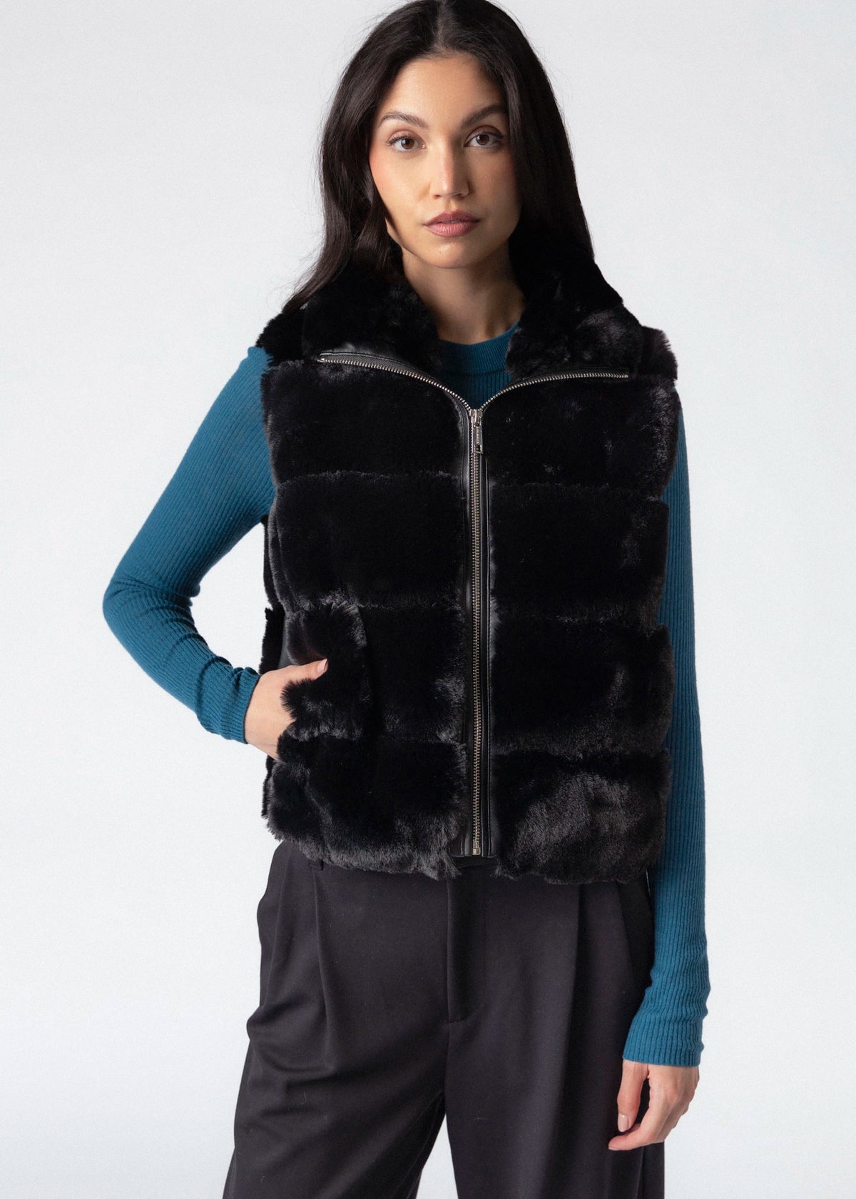 swatch_Black rino and pelle may faux fur vest