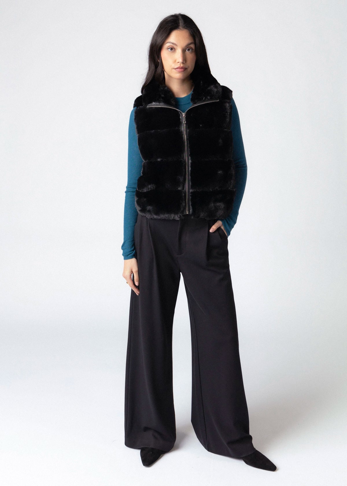 swatch_Black rino and pelle may faux fur vest