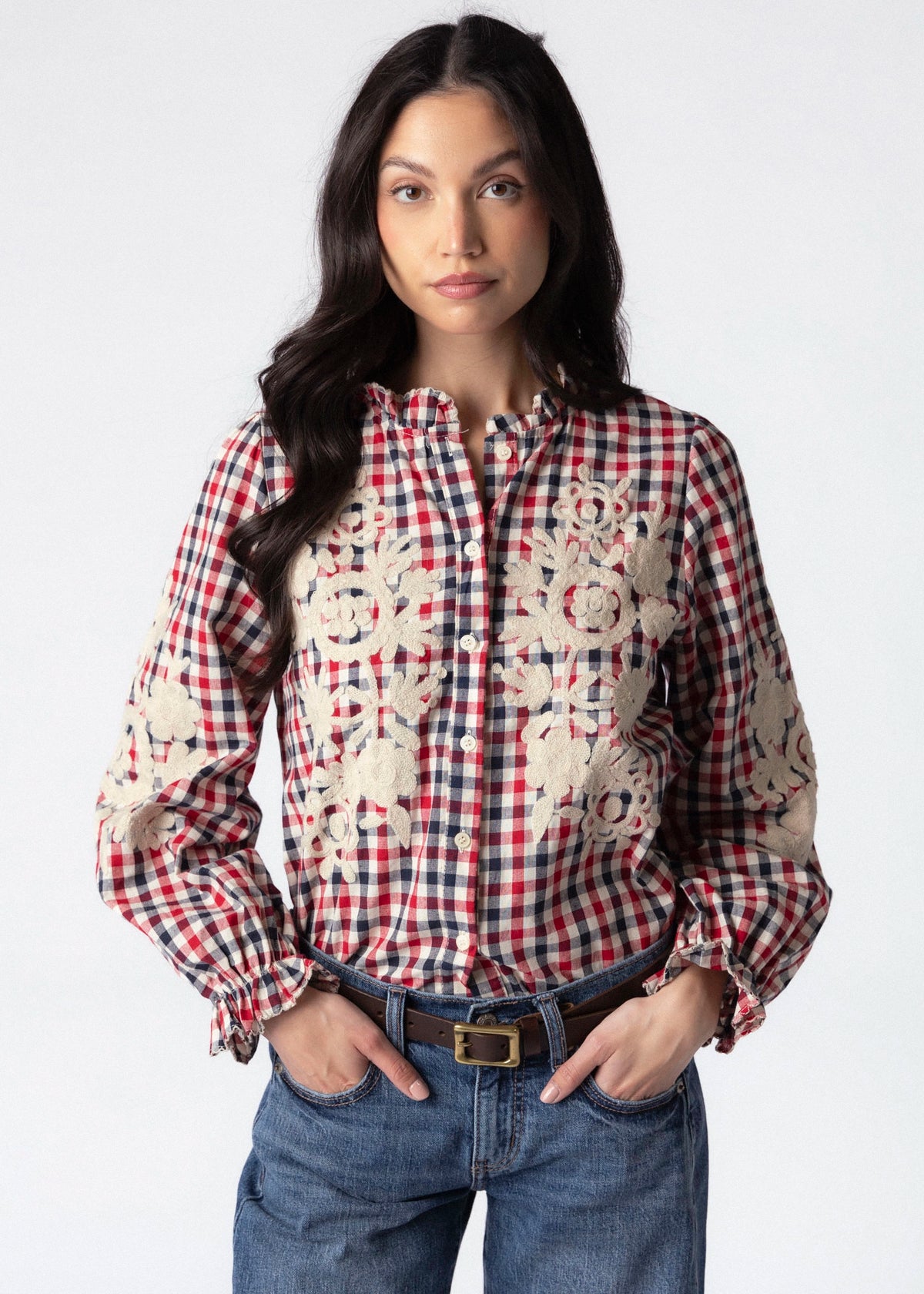 swatch_Red/Navy urban daizy embroidered gingham blouse