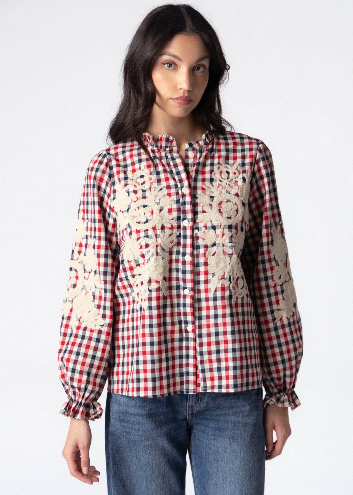 swatch_Red/Navy urban daizy embroidered gingham blouse