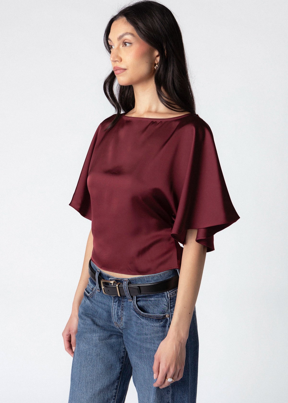 swatch_Burgundy satin darla flutter sleeve top