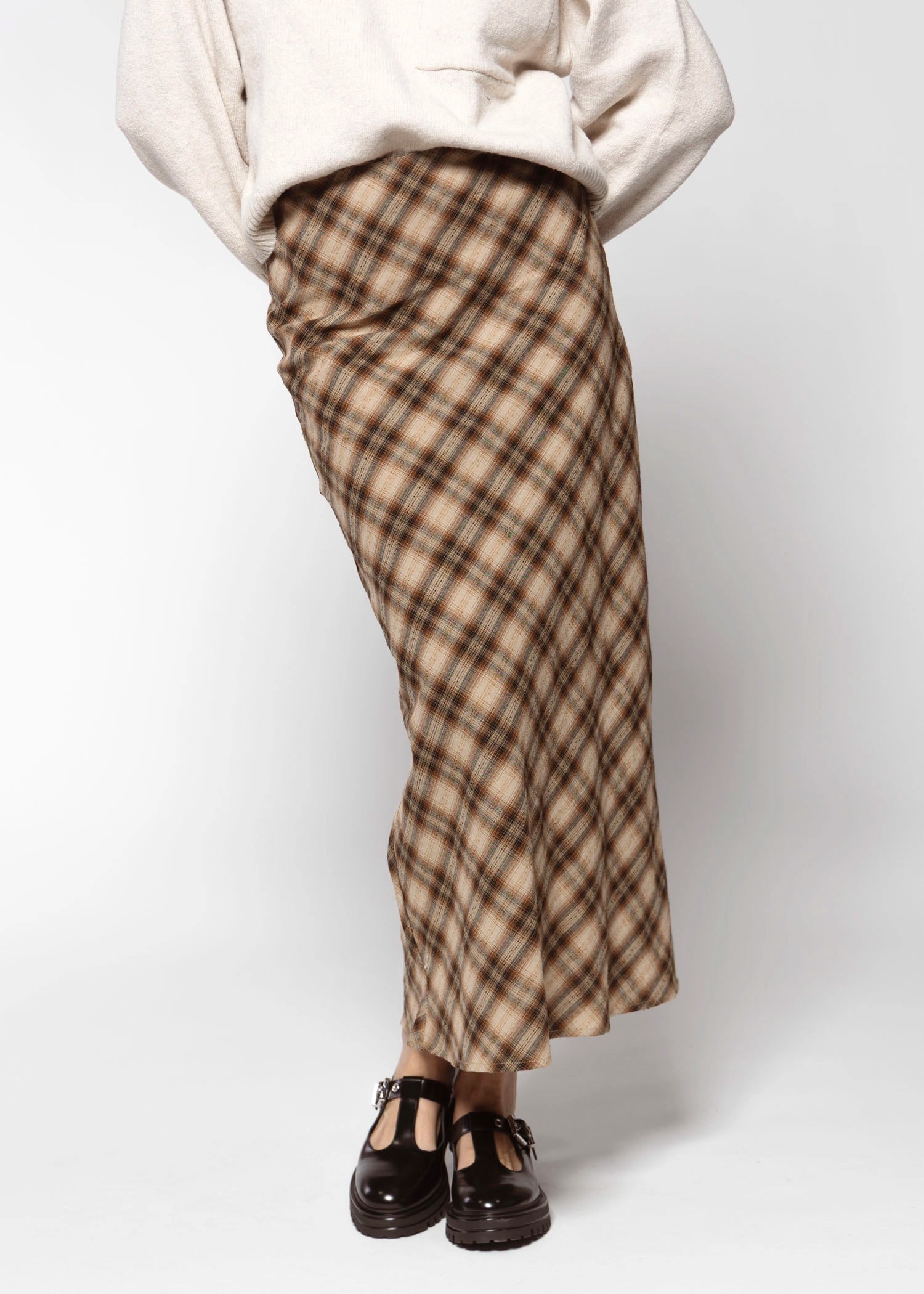 swatch_Brown Multi plaid. midi skirt