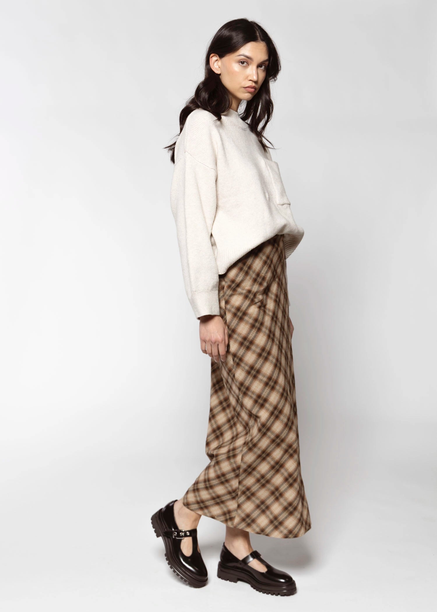 swatch_Brown Multi plaid. midi skirt