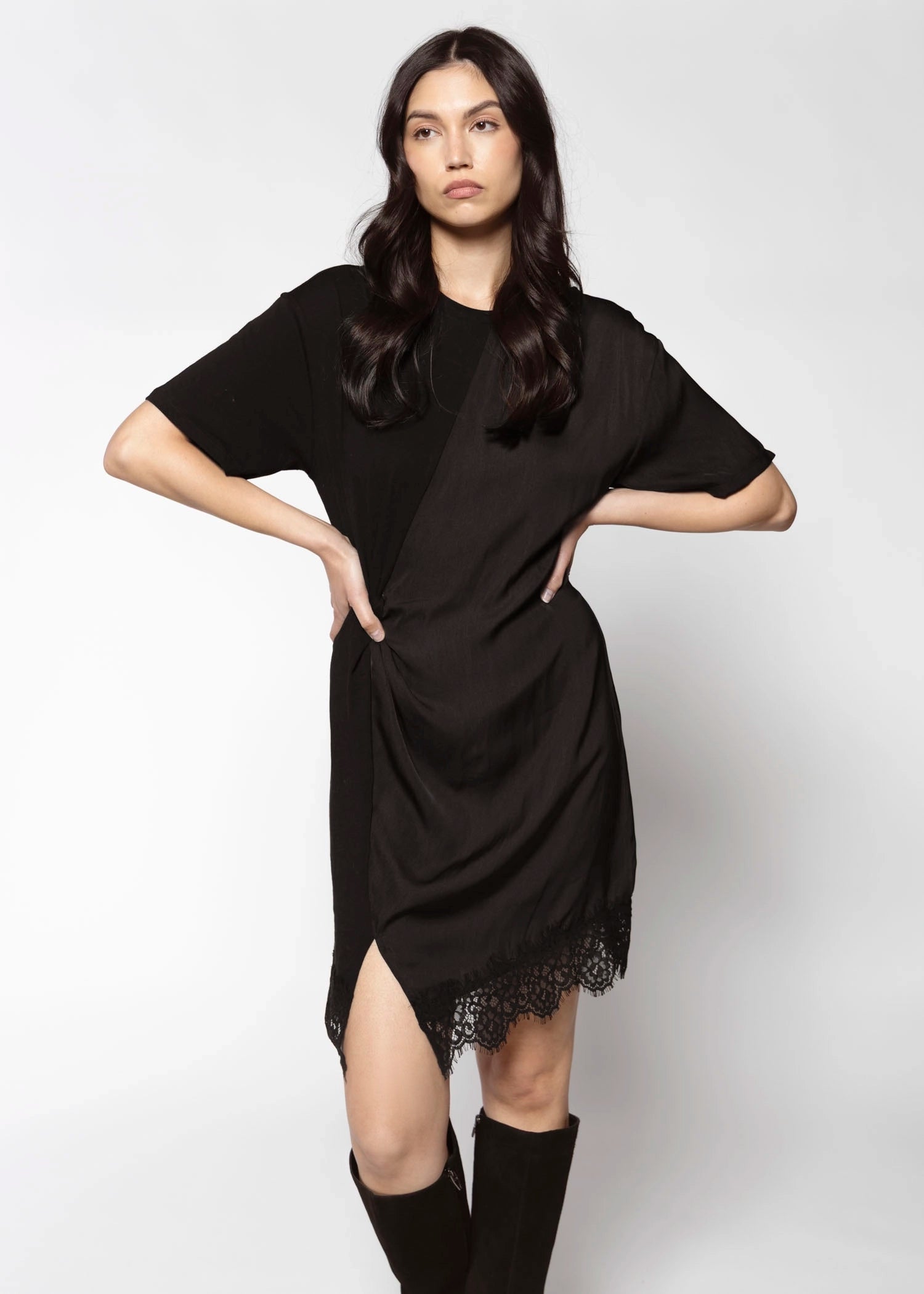 swatch_Black satin mix tshirt dress