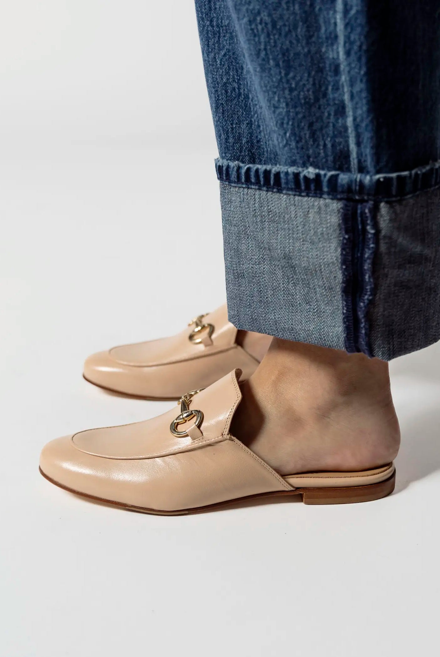 swatch_ecru leather leather mule with bit flat shoes