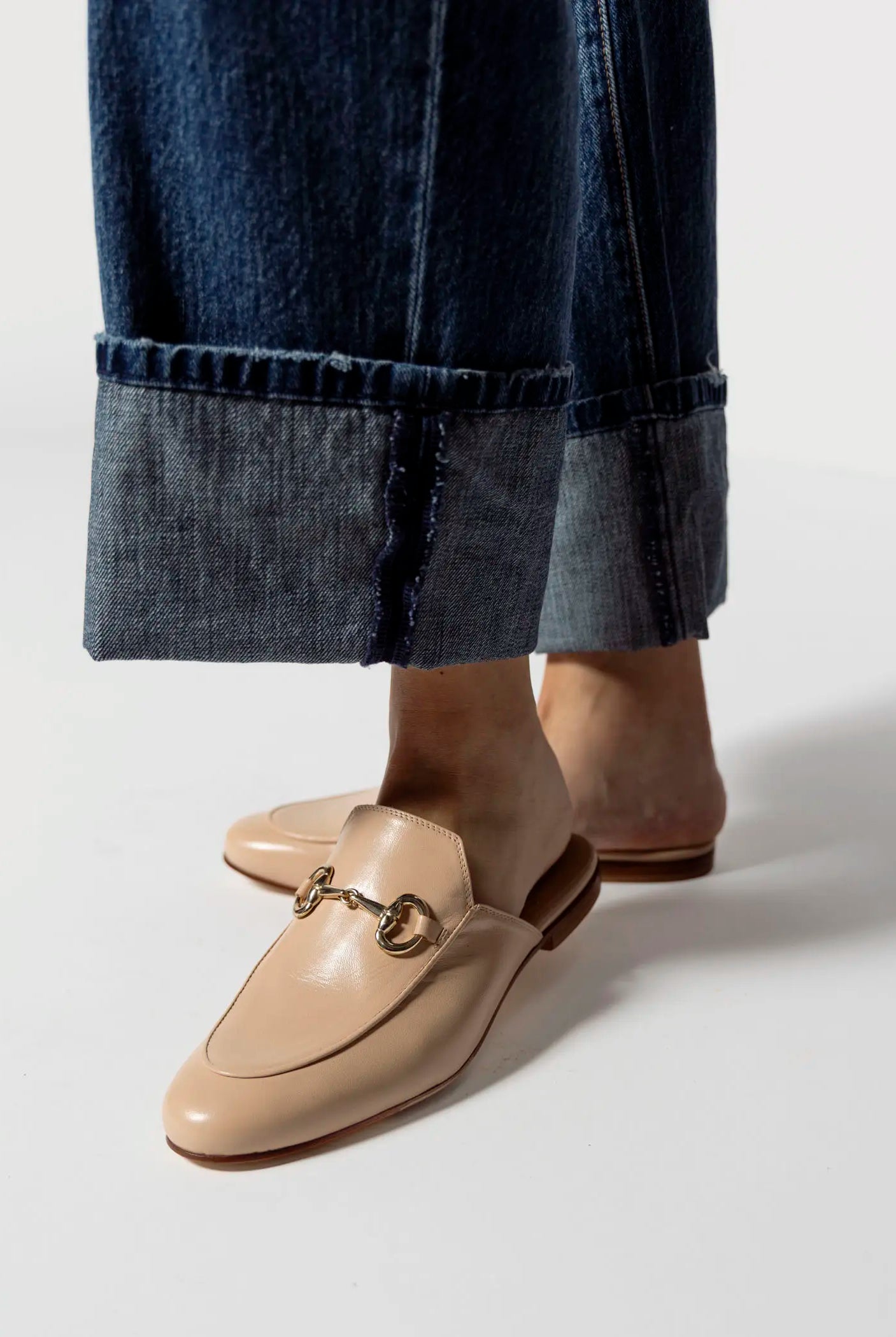 swatch_ecru leather leather mule with bit flat shoes