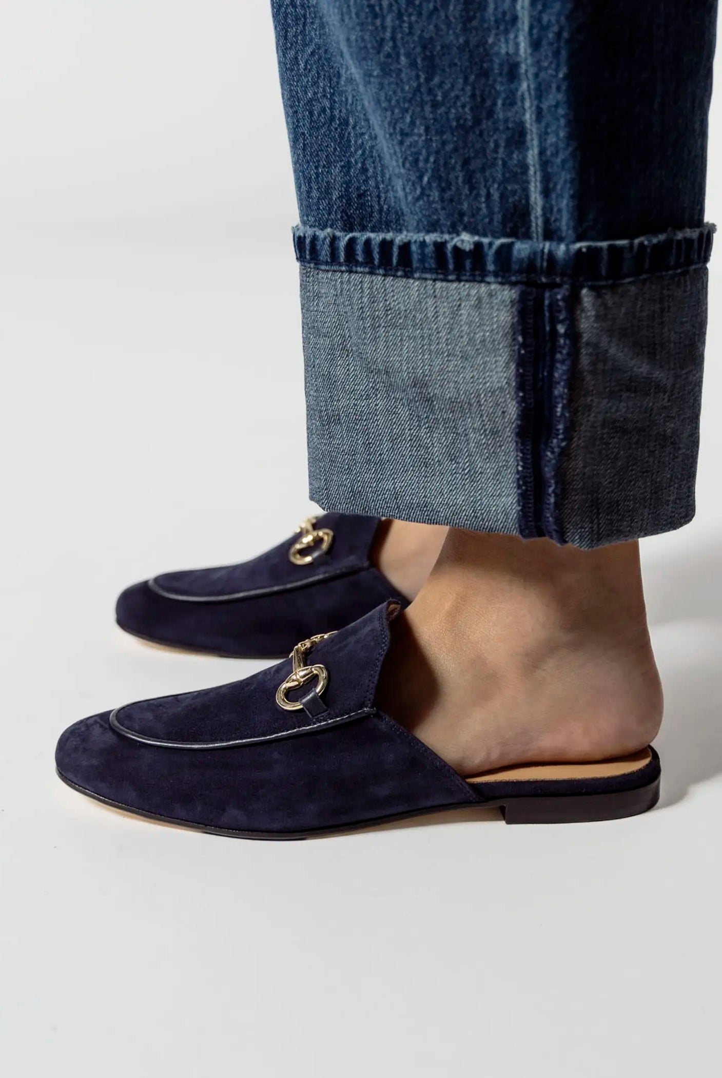 swatch_navy suede suede mule with bit flat shoes