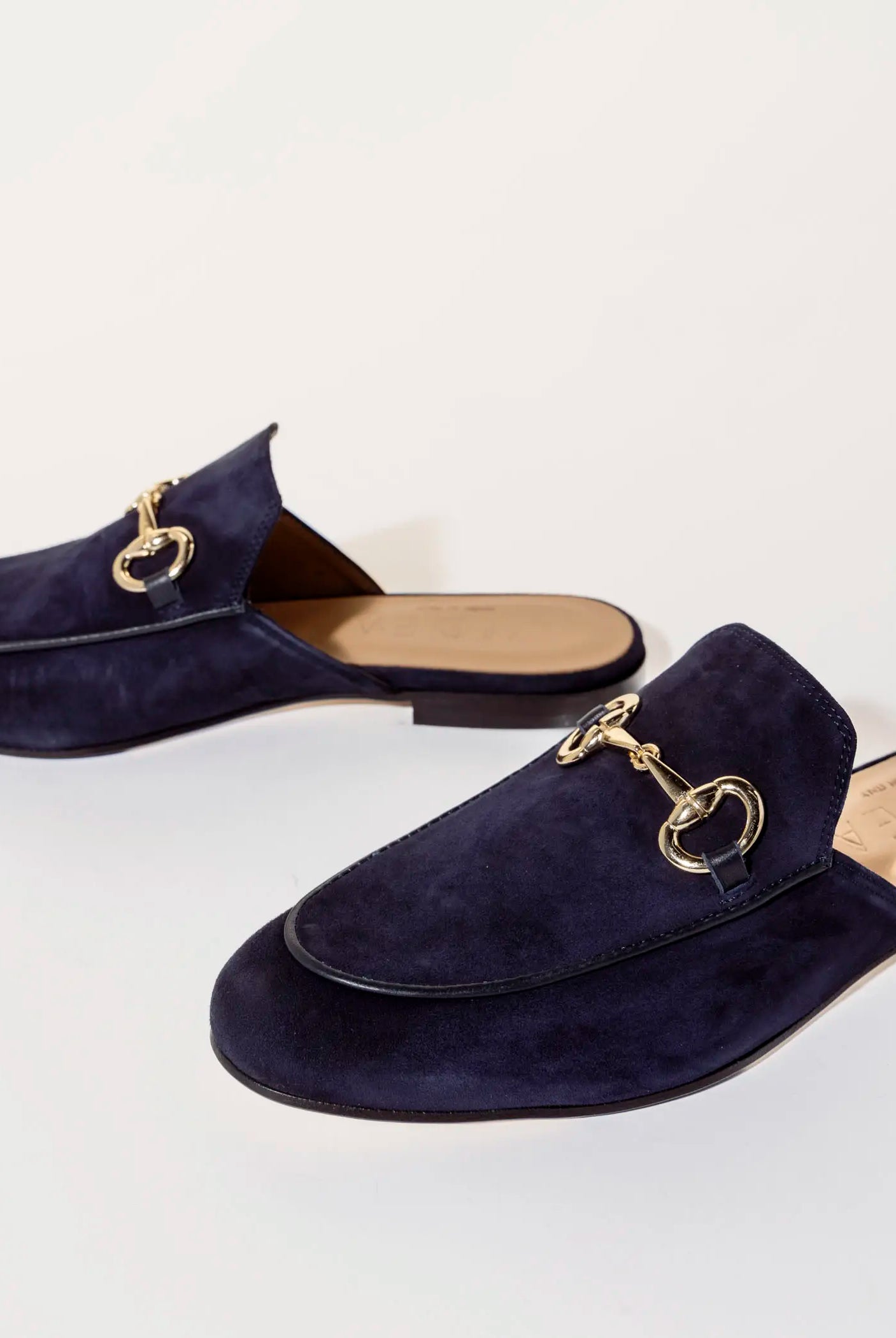 swatch_navy suede suede mule with bit flat shoes
