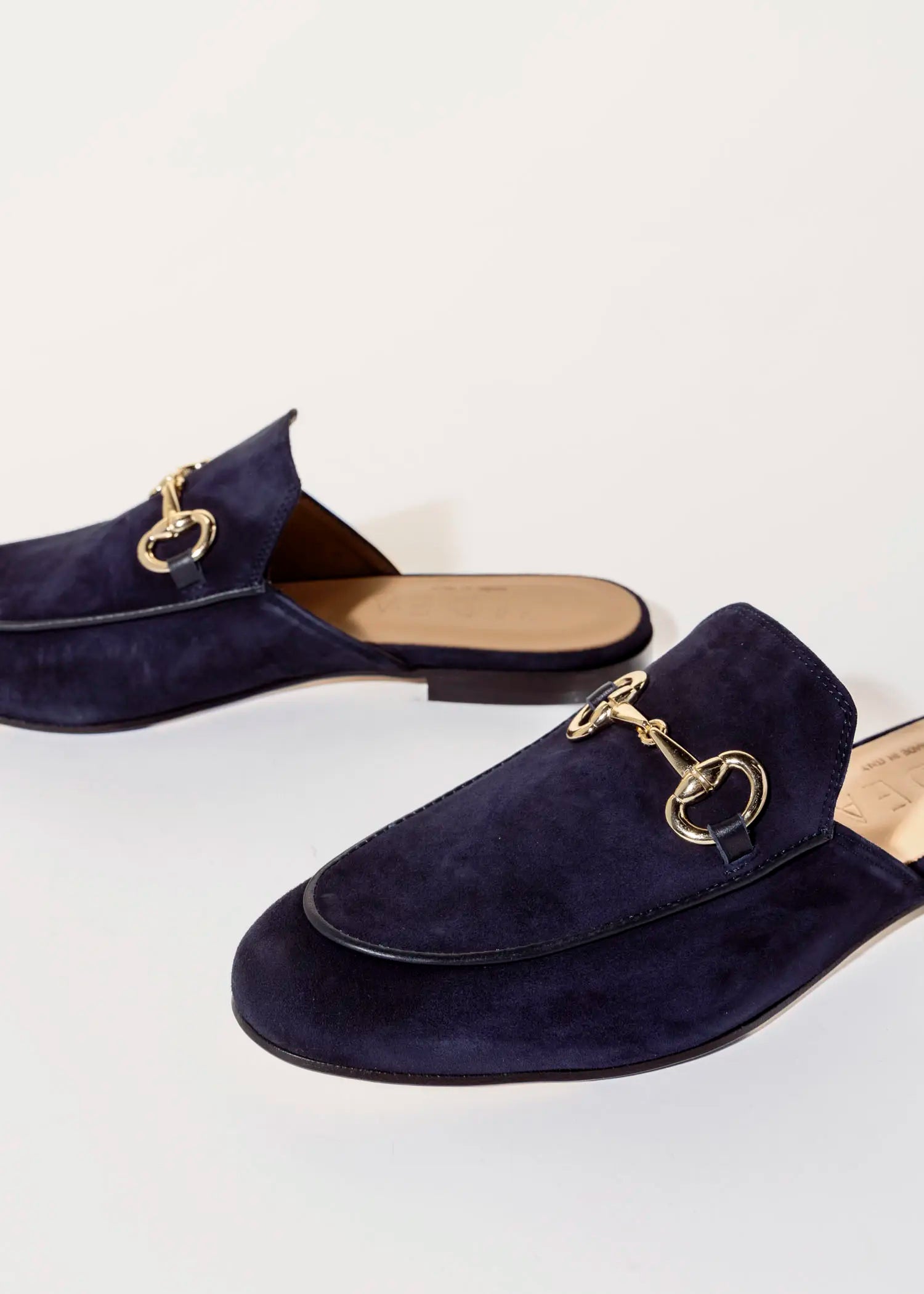 swatch_navy suede suede mule with bit flat shoes