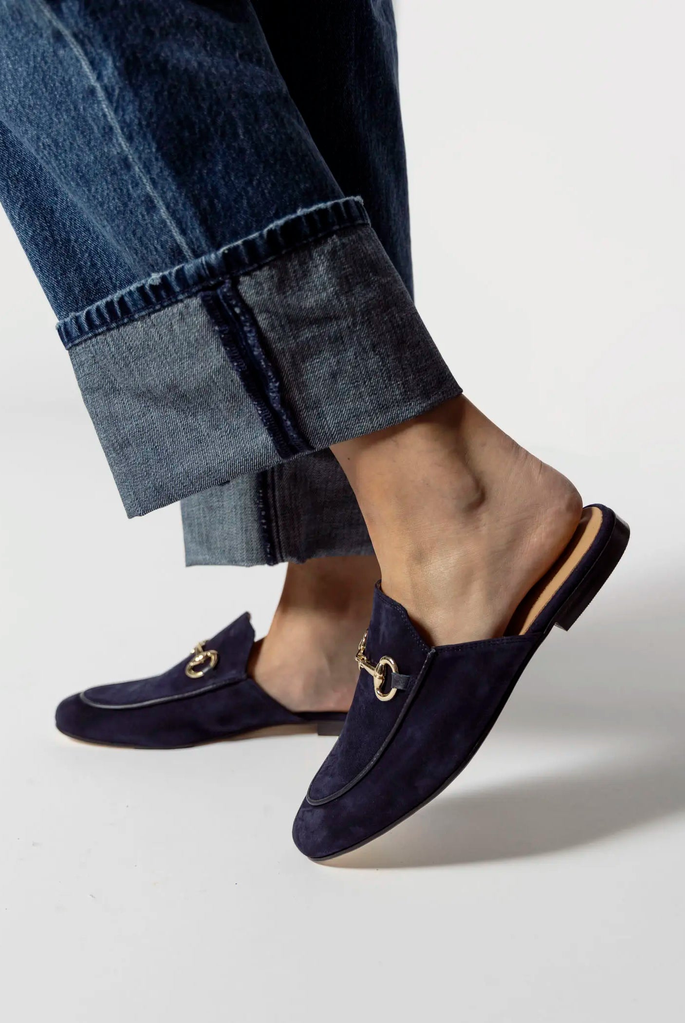 swatch_navy suede suede mule with bit flat shoes
