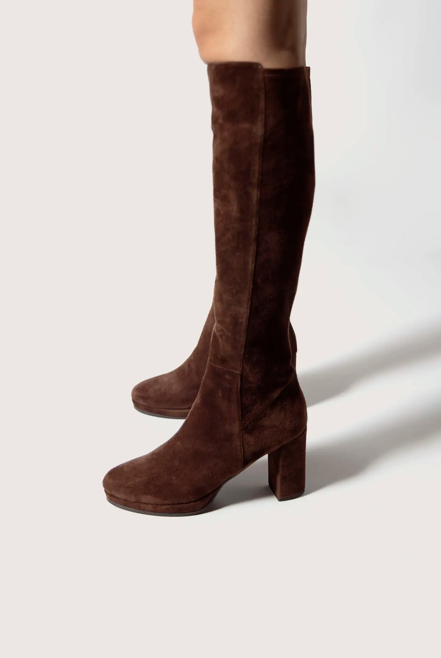swatch_Chocolate Suede knee high heeled boot boots