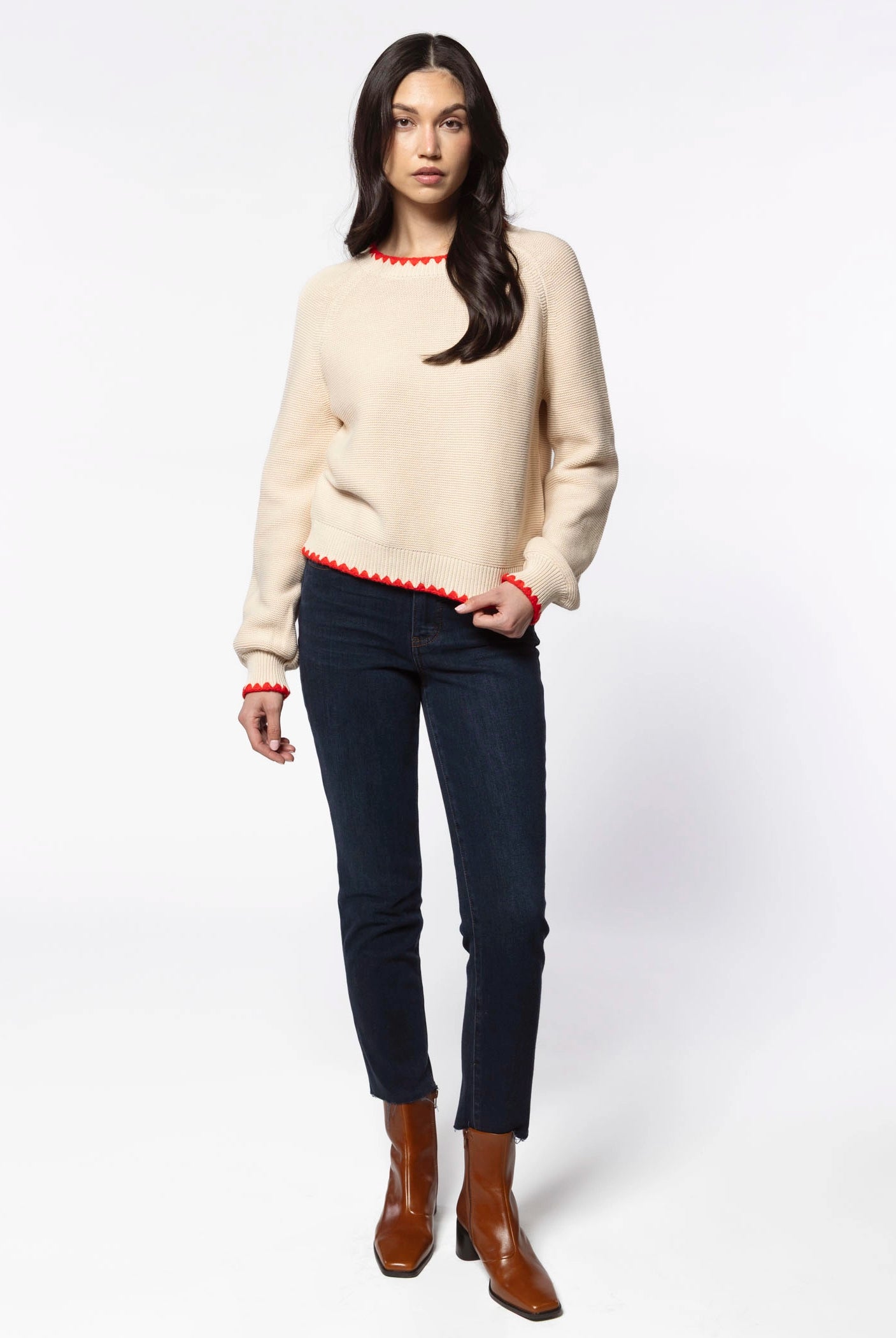 swatch_Almond/Red contrast trim sweater