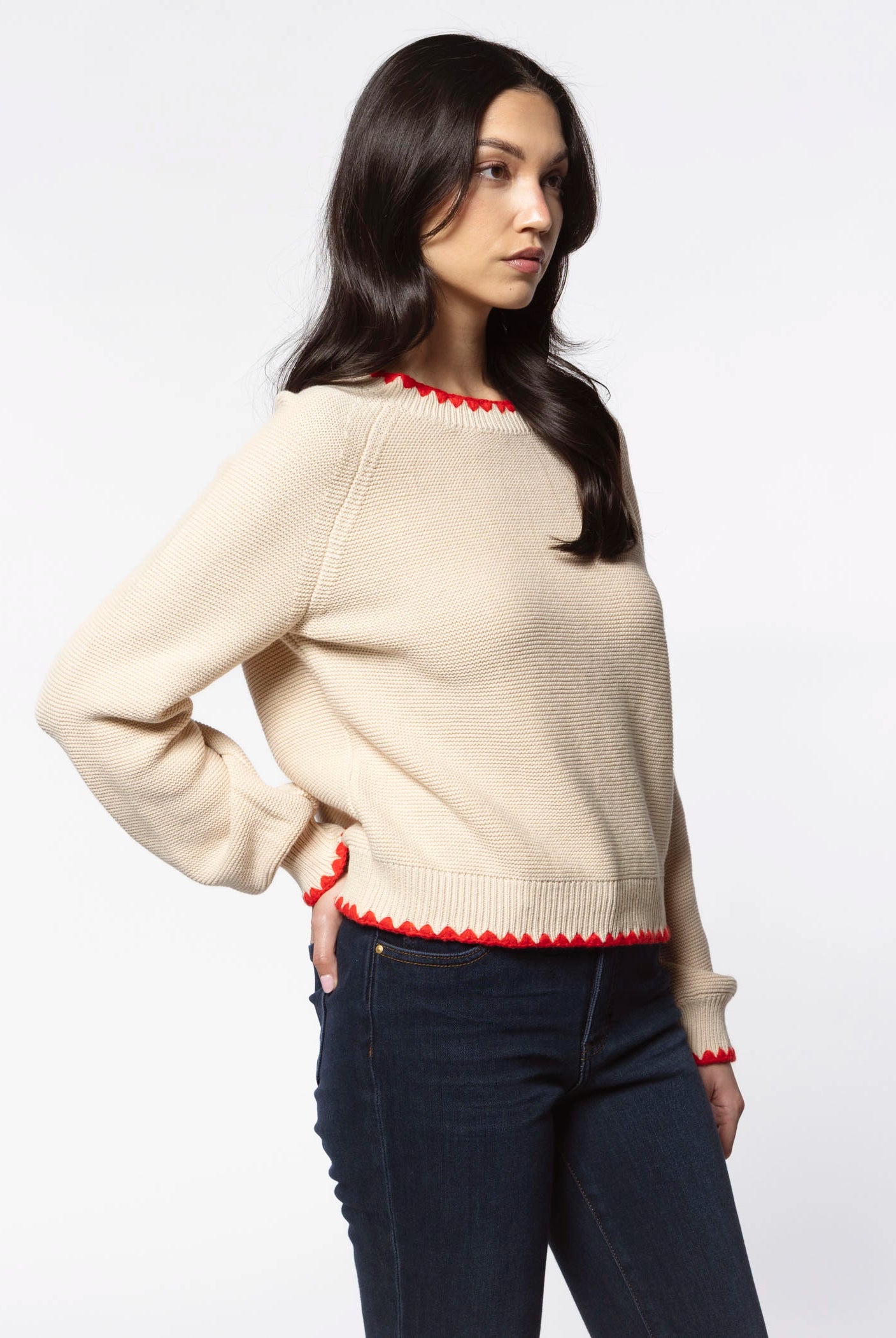 swatch_Almond/Red contrast trim sweater