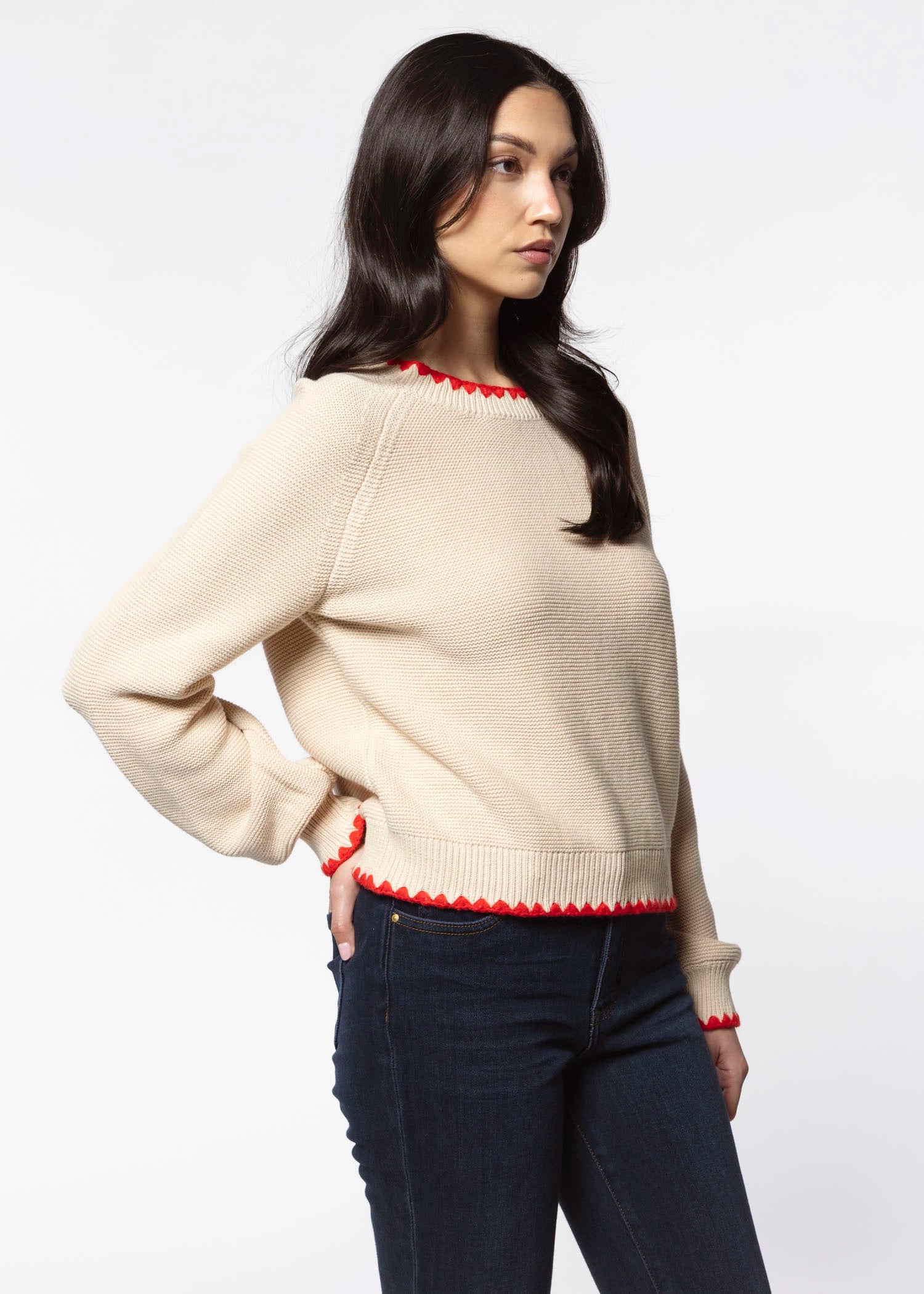 swatch_Almond/Red contrast trim sweater